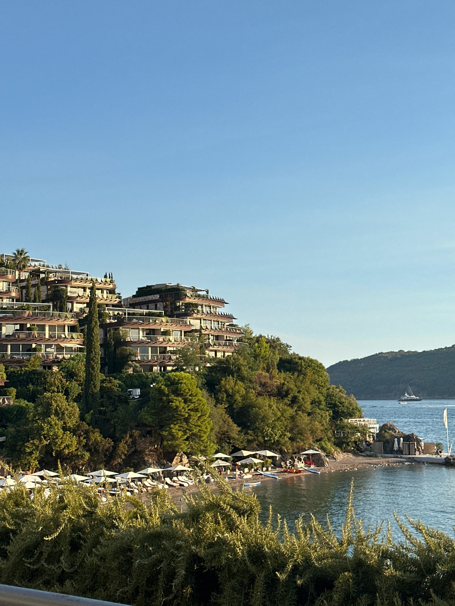 The image depicts a sun-drenched hillside with a modern, terraced resort complex overlooking a tranquil bay. The resort's architecture features multiple levels with balconies and white-canopied roofs, nestled amidst lush green trees and cypress-like evergreens. Below the resort, a small, pebble beach is visible, dotted with numerous white umbrellas and lounge chairs, suggesting a leisurely vacation spot. Several kayaks and paddleboards are arranged on the beach, hinting at recreational activities. The clear, calm blue water of the Adriatic Sea stretches towards a distant, tree-covered island or peninsula, with a single, dark-hulled boat sailing in the middle distance. The sky is a gradient of light blue, brightest at the horizon and fading to a deeper blue towards the top of the frame. In the foreground, the blurred branches of a dense green shrub create a natural frame for the scene. The overall impression is one of serenity and upscale coastal tourism, likely in the area of Budva, Montenegro, given the characteristic hilly coastline and the presence of a large resort on a prominent elevation.