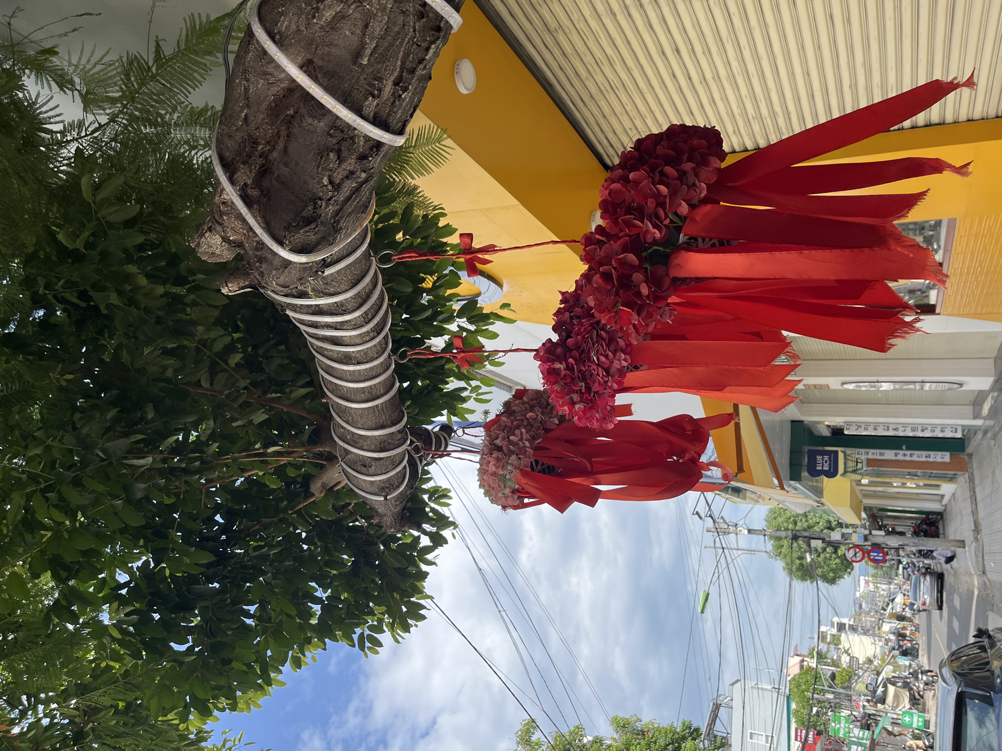 In Nha Trang, Vietnam, a tree branch adorned with decorative red flower clusters and ribbons hangs over a sidewalk. The branch, wrapped with decorative metal bands and LED strip lights, extends from the left side of the frame, overhanging a yellow storefront. In the background, a street scene unfolds with buildings, traffic, and pedestrians under a cloudy sky. The storefront appears to be a shop with a closed, ribbed metal shutter. The overall setting suggests a festive or decorative arrangement outside a business on a street in Vietnam.