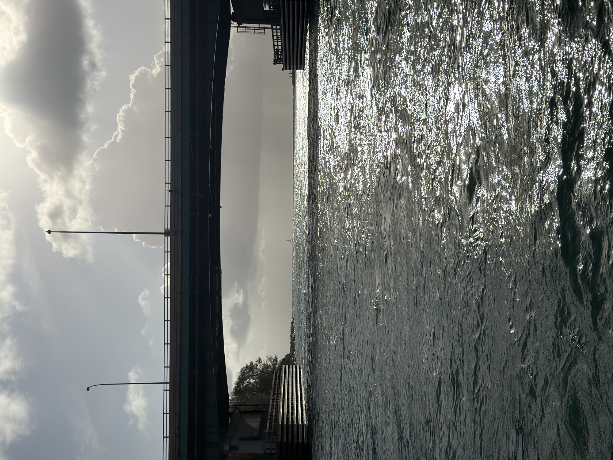 This photograph depicts a view under a bridge in Bal Harbour Village, United States of America. The left side of the frame showcases the structure of the bridge, with its support beams and a couple of lampposts visible against a cloudy sky. The right side is dominated by the rippling surface of the water, reflecting sunlight and creating a glittering effect. In the distance, there's a glimpse of land with some vegetation and a tall structure, possibly a building. The overall tone of the image is muted, with a predominance of grayscale tones.