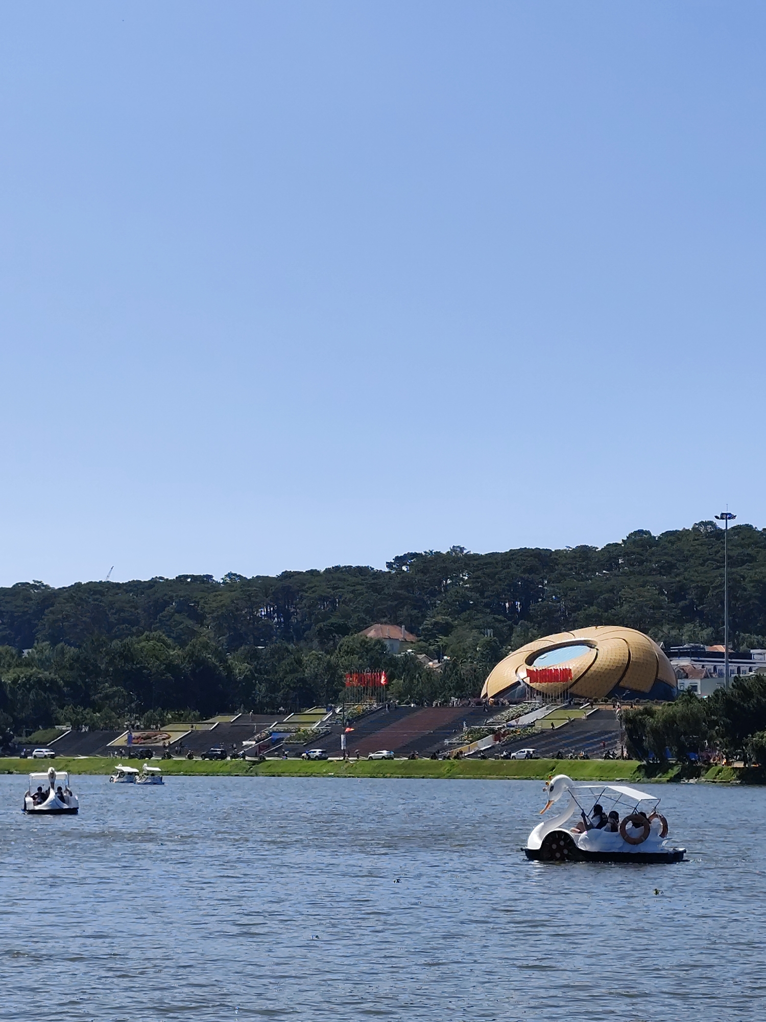 This daytime photograph captures a vibrant scene at Xuan Huong Lake in Da Lat, Vietnam, under a clear blue sky.
In the foreground, the calm blue waters of the lake are populated by several pedal boats. Prominently featured are two white swan-shaped pedal boats. The one on the right, closer to the viewer, has a white canopy providing shade, with at least two people visible inside enjoying the ride. Two orange lifebuoys are attached to its side. Another simpler white pedal boat with passengers is seen further back on the left.
The midground reveals the lake's shore, which features a paved embankment with steps leading down to the water, and strips of green grass. Parked cars and motorbikes are visible along the road above the embankment. Dominating the shore is a distinctive, large, ovoid-shaped building with a golden-brown, textured exterior, often likened to an artichoke or flower bud. On its facade, a prominent red sign displays the Vietnamese text "ĐÀ LẠT" in large letters, with smaller text below reading "THÀNH PHỐ FESTIVAL HOA" (City of Flower Festivals). Several red flags, likely Vietnamese national flags, are positioned near the building and along the shore. A tall lamppost stands to the right of the building.
The background is defined by a dense, dark green forested hill that stretches across the horizon, characteristic of Da Lat's elevated terrain. The bright, clear blue sky indicates sunny and pleasant weather conditions, contributing to an overall atmosphere of leisure and natural beauty.