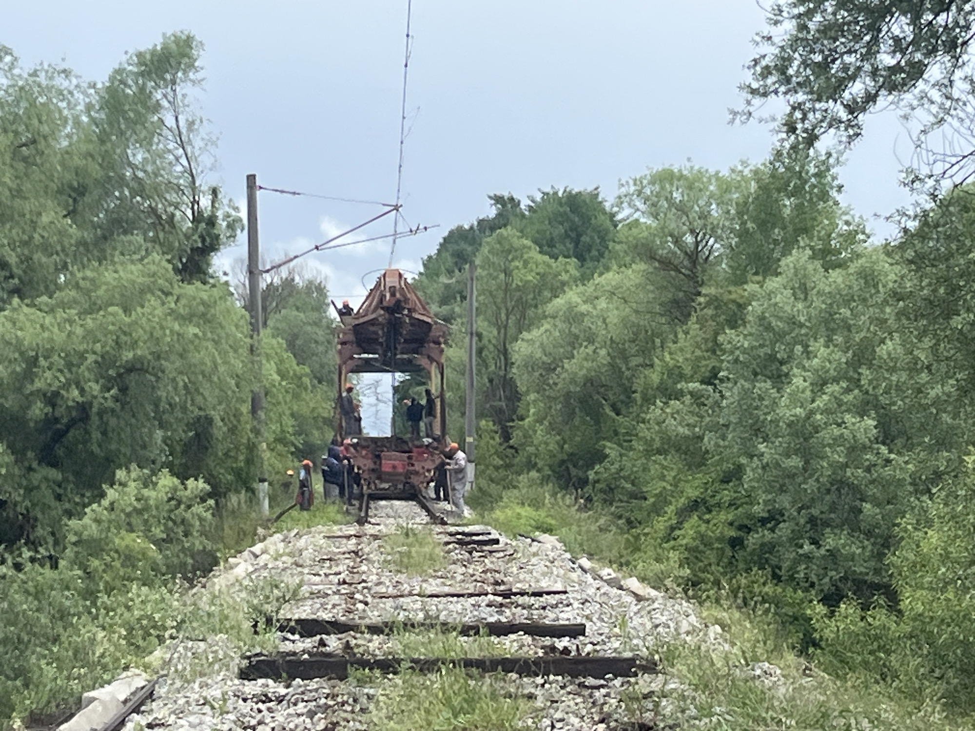 An outdoor scene in Yardzhilovtsi, Bulgaria, shows a specialized railway maintenance vehicle stopped on overgrown tracks, surrounded by dense green vegetation. The sky is overcast, indicating a cloudy daytime.
The primary subject is a boxy, industrial-looking railway vehicle, possibly a self-propelled railcar or a piece of track maintenance equipment. It is rusty brown in color and appears to have an open-air platform or work area at its front, where several individuals are gathered. Above the vehicle, an intricate overhead line structure, likely part of a catenary system, is visible, supported by a pole to the left. A long, thin antenna-like structure extends vertically from the vehicle's top.
Approximately five to six individuals are seen around the vehicle and on the tracks. Some are wearing work clothes, including high-visibility vests or jackets, and at least two are wearing orange hard hats. They appear to be engaged in work, possibly inspection or repair, on or around the railway line. One person is positioned at the very front of the vehicle, looking towards the tracks ahead. Another is standing on the track bed to the right of the vehicle, also seemingly examining the rails.
The railway tracks, consisting of ballast, wooden ties, and metal rails, stretch into the foreground and background, heavily encroached by grass and small plants. The track bed shows signs of wear and overgrowth, suggesting it might be a less frequently used line or one undergoing maintenance. Both sides of the railway are lined with thick, verdant trees and bushes, creating a lush, somewhat secluded environment.
No discernible text is visible in the image. The overall impression is one of railway workers performing their duties in a natural, overgrown setting on a dull day.