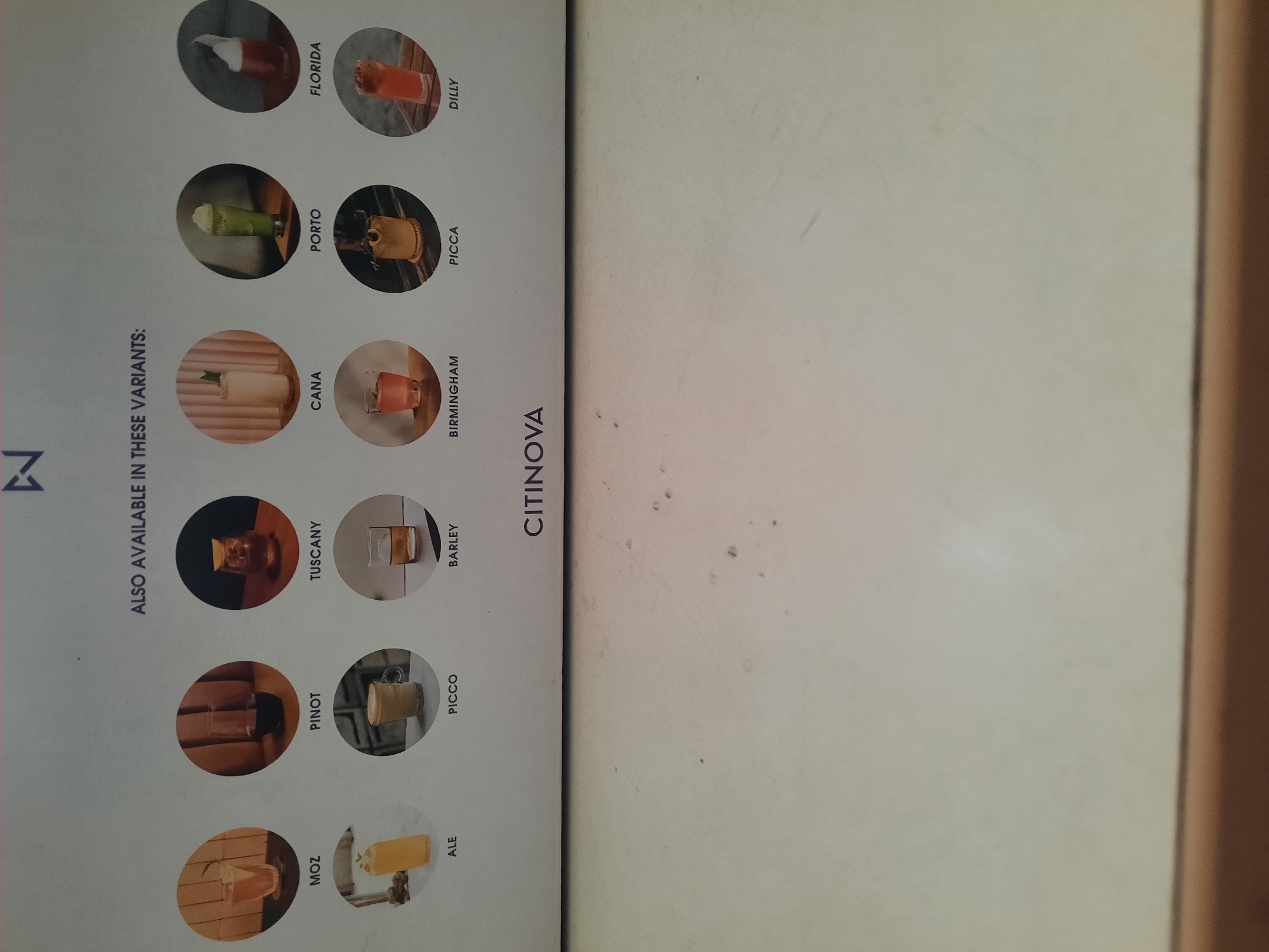 The image displays a white box with the text "ALSO AVAILABLE IN THESE VARIANTS:" and several circular images of drinks, each labeled with a name. Below the drinks is the text "CITINOVA". The scene does not provide any information about Lhokseumawe, Indonesia, or any people, actions, or interactions. It is a product advertisement.