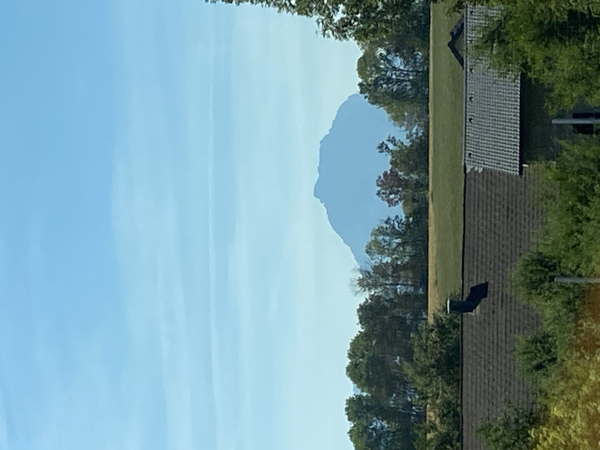 The image captures a landscape scene with a prominent mountain silhouetted against a clear blue sky in the background. In the middle ground, a line of trees forms a verdant band across the frame, separating the sky from the foreground. The foreground features parts of two houses with tiled roofs, partially obscured by lush green foliage. A dark, angular chimney is visible on the left house. The lighting suggests a daytime scene. The overall impression is one of a serene, rural or suburban environment with a majestic natural backdrop. Based on the visual information, the scene is likely situated in or around Vorchdorf, Austria, a location known for its proximity to mountainous regions.