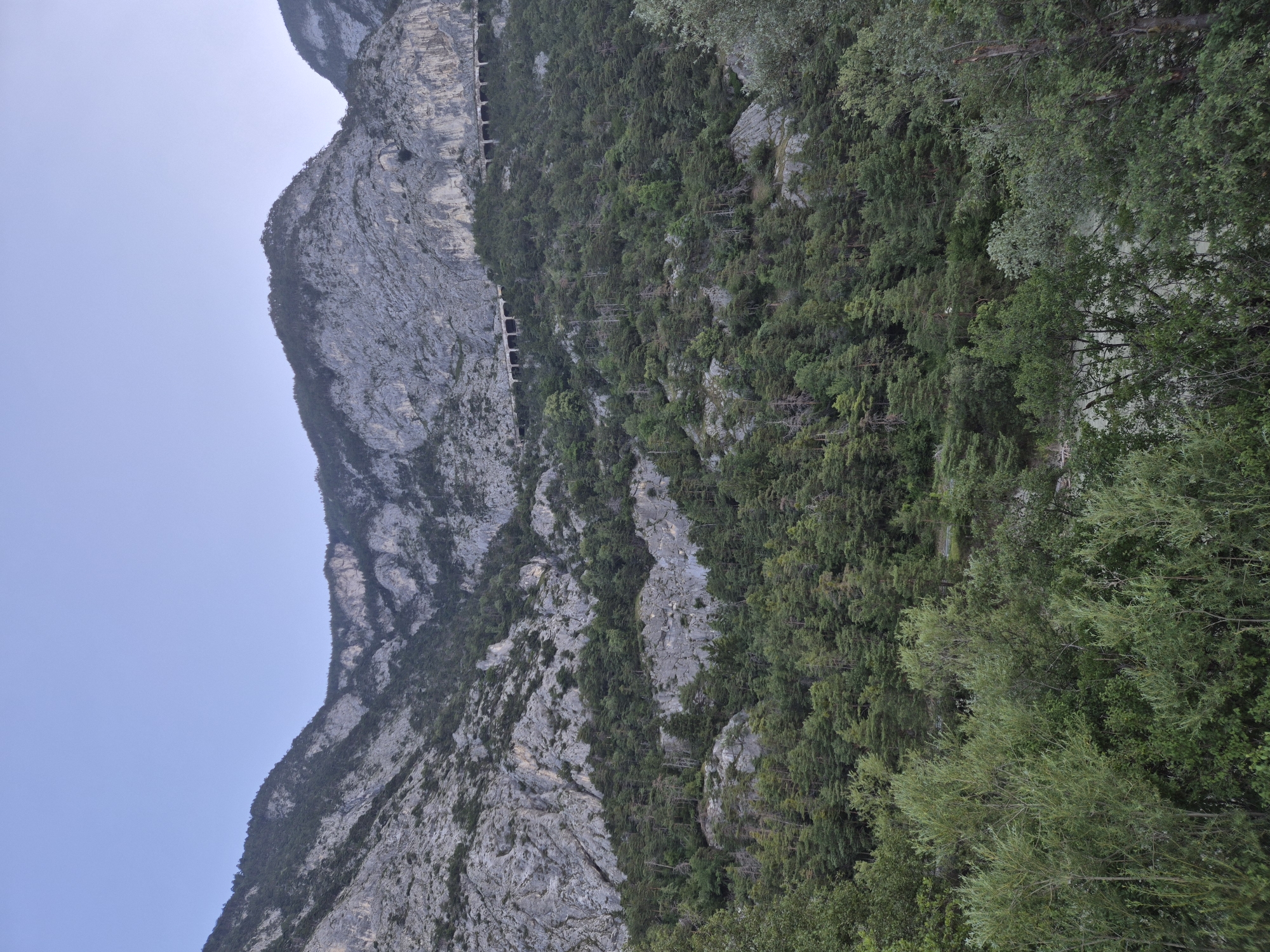 The image depicts a mountainous landscape with a clear, pale blue sky. The mountains are steep and rocky, with patches of dense green forest covering their lower slopes. A man-made structure, possibly a road or railway viaduct with arched supports, is visible traversing a section of the mountainside higher up. The foreground is filled with lush green foliage, including trees and bushes, suggesting a natural environment. The scene appears to be a scenic view of a mountainous region, likely a natural park or a less urbanized area. The crops show closer views of the mountain terrain, forests, and the sky, highlighting the textures of the rocks and the density of the trees. There is no indication of human presence other than the viaduct and no specific actions or interactions are captured. The location is identified as Kematen in Tirol, Austria.