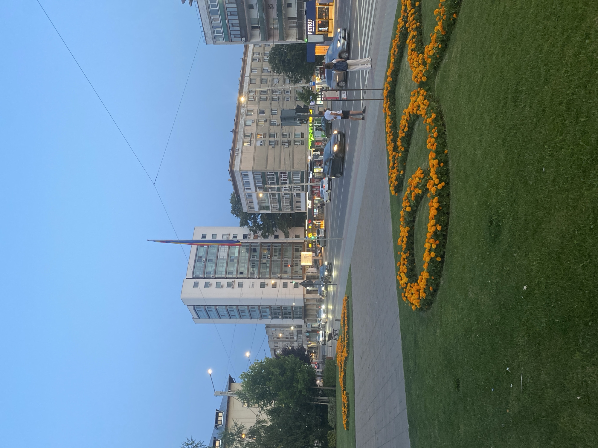 The image depicts a street scene in Iași, Romania, near the Palace of Culture. In the foreground, a well-maintained lawn features a curved flower bed filled with bright orange marigolds. Beyond the lawn, a paved pedestrian area has a metal bench. The street is busy with traffic, including cars and a bus. Several multi-story apartment buildings and commercial establishments line the street, one of which displays the "PETRU" sign. Two individuals are visible on the pedestrian crossing: a man standing near a traffic light pole and a woman with a backpack facing the street. The sky is a clear, pale blue, indicating it is dusk or early morning. A tall building with a flag pole flying a Romanian flag is also prominent. The overall impression is one of urban life at the twilight hours.