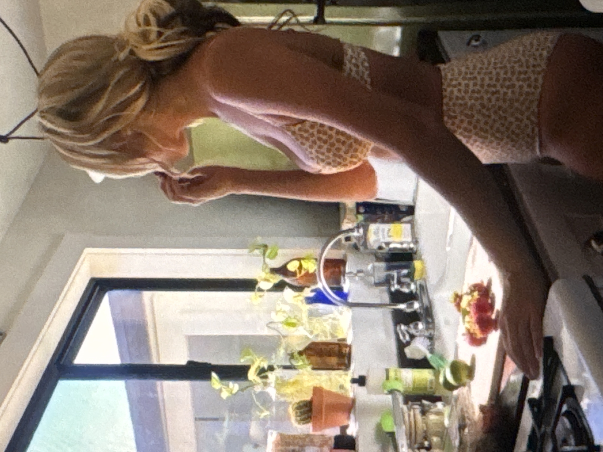 The image shows a person, likely a woman given the visible clothing, in a kitchen environment. The person is leaning forward, with their head down, and appears to be engaged in an activity at the kitchen counter. They are wearing a bikini with a subtle, speckled pattern. The kitchen counter is cluttered with various items, including bottles, what appear to be cleaning supplies, and a small potted cactus. A window is visible in the background, letting in natural light, suggesting it might be daytime. The overall impression is a casual, domestic scene. The image quality is low, with a grainy texture and muted colors. There is no discernible text in the image.