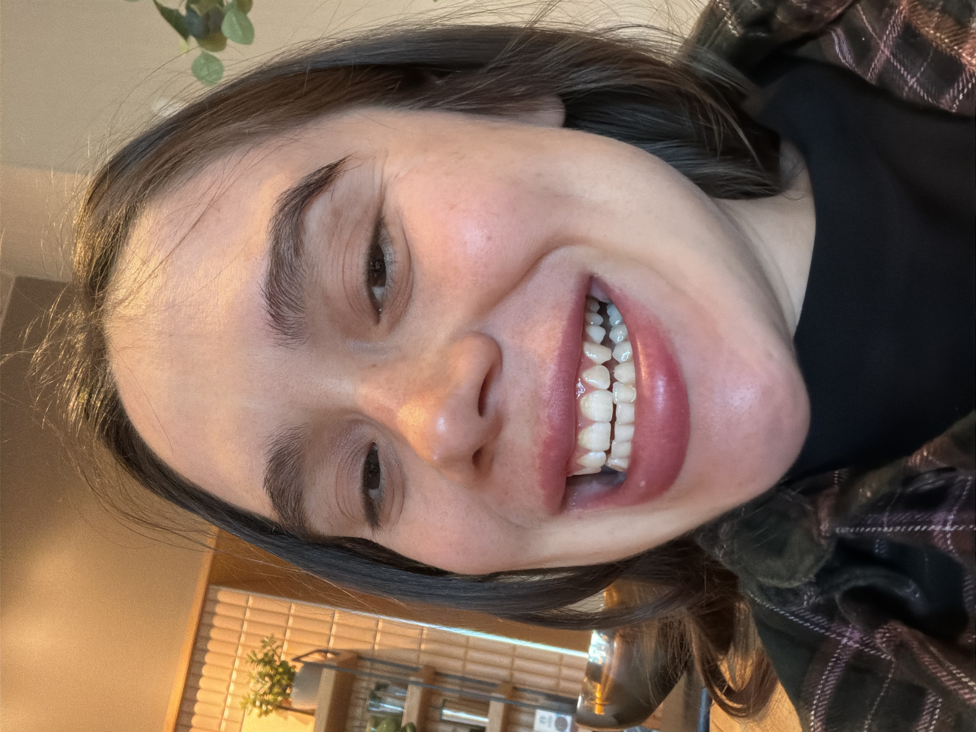 A close-up, rotated portrait shows a smiling young woman. Her brown hair frames her face, which features fair skin, brown eyes, and full lips. The woman is wearing a black top underneath a plaid shirt. The background is blurred but appears to include a window with blinds and a plant. It is not possible to determine the location as Morton Grove, United States of America from the given image.