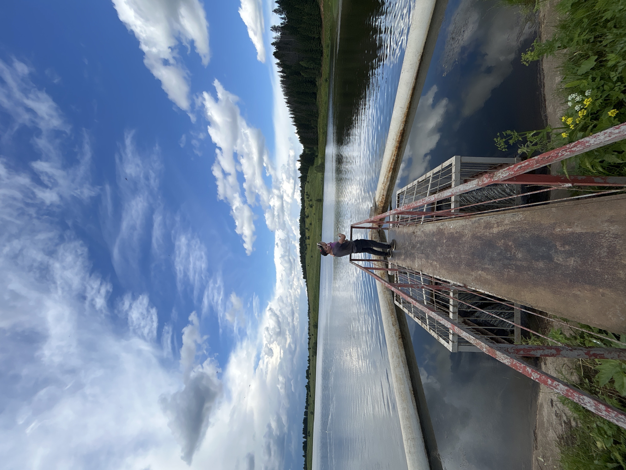The image depicts a person standing on a metal walkway over a body of water. The person, dressed in a purple shirt and dark pants, is looking down at their phone, holding it in their right hand. The walkway has a red metal railing and a grated section. The water is calm, reflecting the bright blue sky and scattered white clouds. To the left of the water, there is a green grassy slope leading up to a dark forest of pine trees. The scene is bathed in bright daylight, suggesting a sunny day. The overall mood appears peaceful and solitary. The location is identified as Верх-Рождество, Russia. There is no visible text in the image.