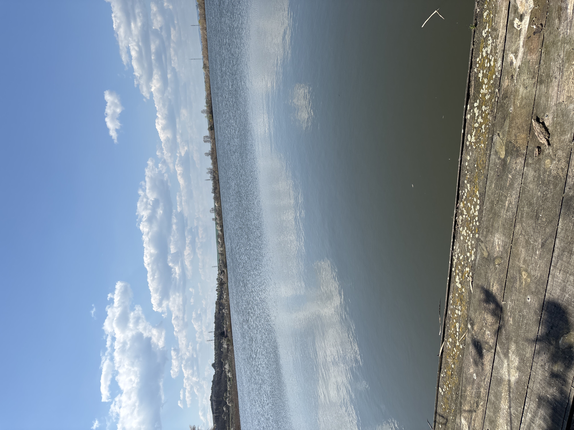 The image depicts a body of water, possibly a lake or river, with a wooden boardwalk or dock on the right side. The water's surface reflects the sky, which is filled with white, puffy clouds and patches of blue. On the far side of the water, a shoreline with trees and some buildings is visible. The wooden dock is weathered and covered in some moss or lichen. The exact location in Burgas, Bulgaria, cannot be determined without additional context or information.
