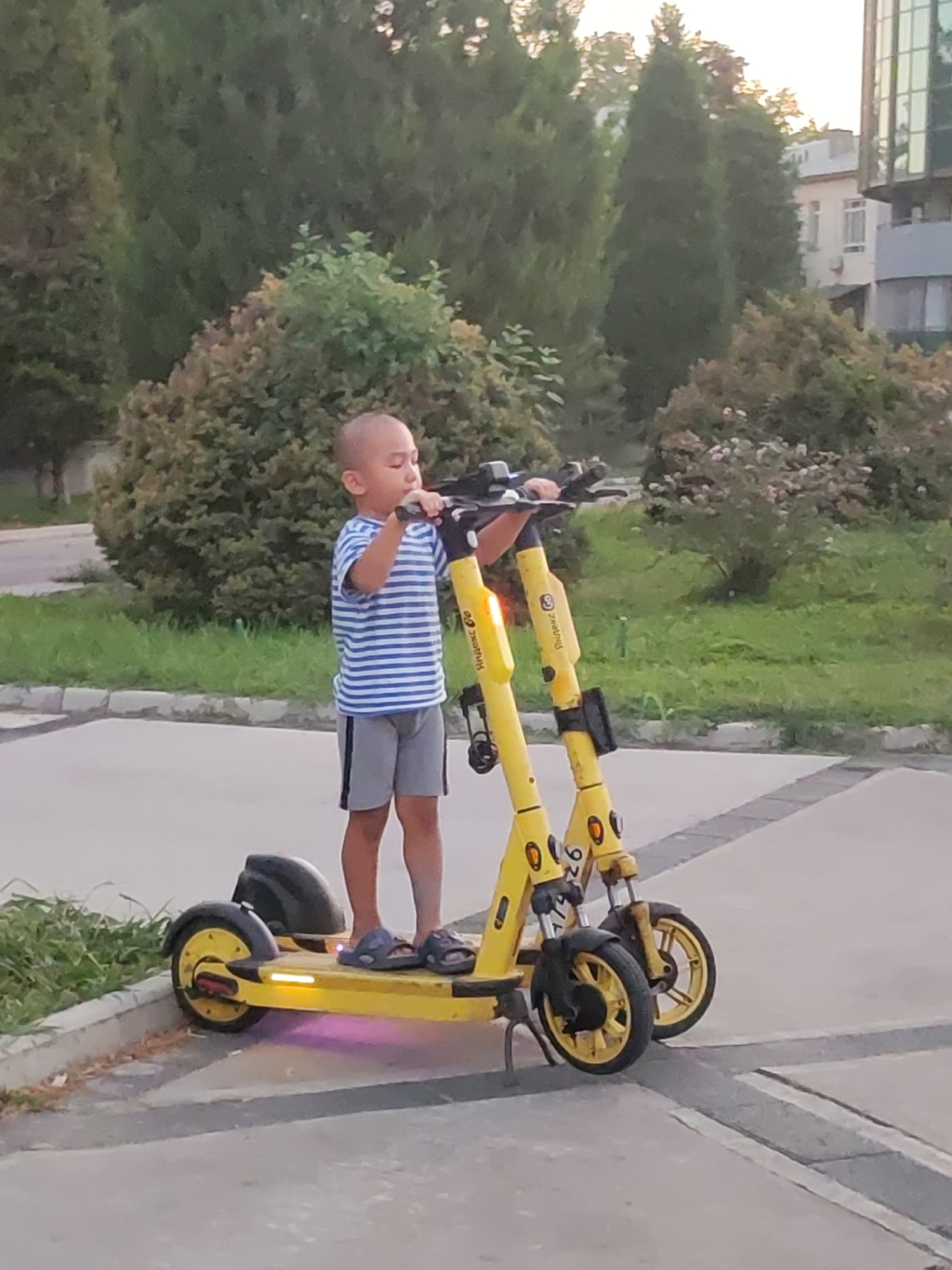 In Tashkent, Uzbekistan, a young boy stands on a yellow electric scooter with a second identical scooter parked next to it. The boy is wearing a blue and white striped t-shirt and grey shorts. He is holding onto the handlebars of the scooter he is standing on. The scooters are parked on a paved walkway with grass and trees in the background. In the distance, a modern building with glass windows is visible. The lighting suggests it is late afternoon or early evening.