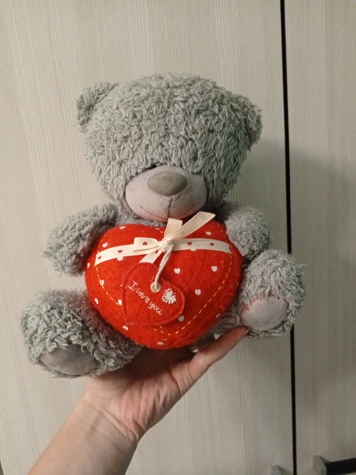 A gray teddy bear is held in a person's hand against a background of light-colored vertical paneling. The teddy bear is plush and has a lighter gray muzzle and paw pads. It is holding a red heart-shaped cushion that has white polka dots and a white ribbon tied in a bow. A small heart-shaped tag is attached to the cushion, with the words "I love you" embroidered on it. The bear's eyes are obscured by its fur. The image is taken from a slightly low angle, focusing on the bear and the hand holding it. The background appears to be an interior wall, possibly a closet door. There are no identifying features of Balakhna, Russia visible in the image.