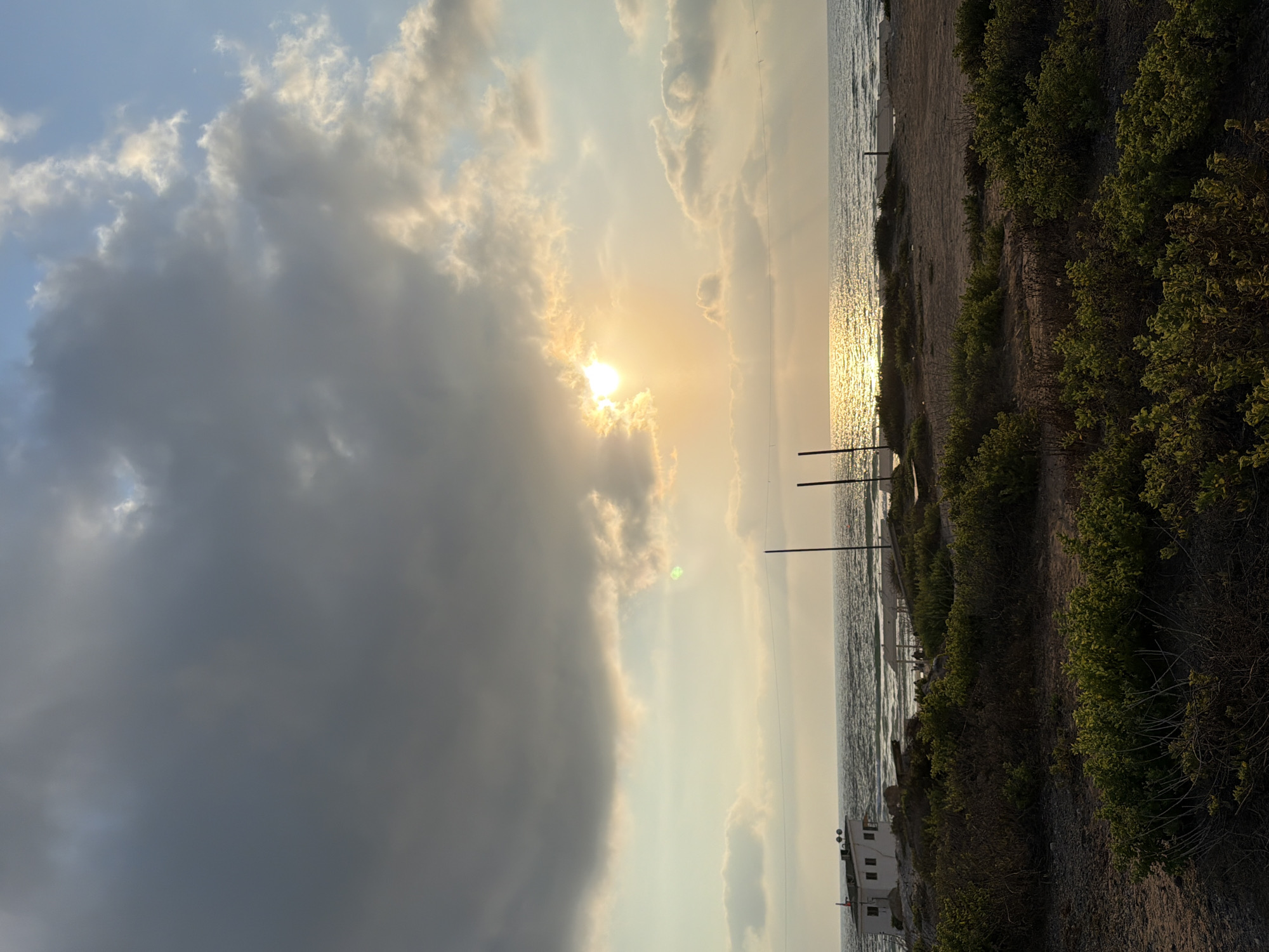 The image depicts a seaside scene on a cloudy day, likely at the beach in Hadera, Israel. The sun is partially obscured by dense, dark clouds in the upper left quadrant, allowing rays of light to pierce through and create a shimmering reflection on the sea's surface. The ocean exhibits moderate waves, and the horizon line is visible, separating the water from the sky.
In the middle ground, there is a sandy beach area dotted with low-lying green vegetation. To the left, a small, white, rectangular building with a red flag on its roof is situated near the shoreline. Two vertical poles stand on the beach, one to the left and another further to the right, possibly part of a fence or a recreational structure. In the far distance, structures are faintly visible along the coastline.
The foreground is dominated by lush green bushes and dry, sandy earth, suggesting a natural, undeveloped coastal area. The overall lighting suggests either early morning or late afternoon. No people are clearly discernible in the image, and there are no overt actions or interactions taking place. The scene is static and natural.