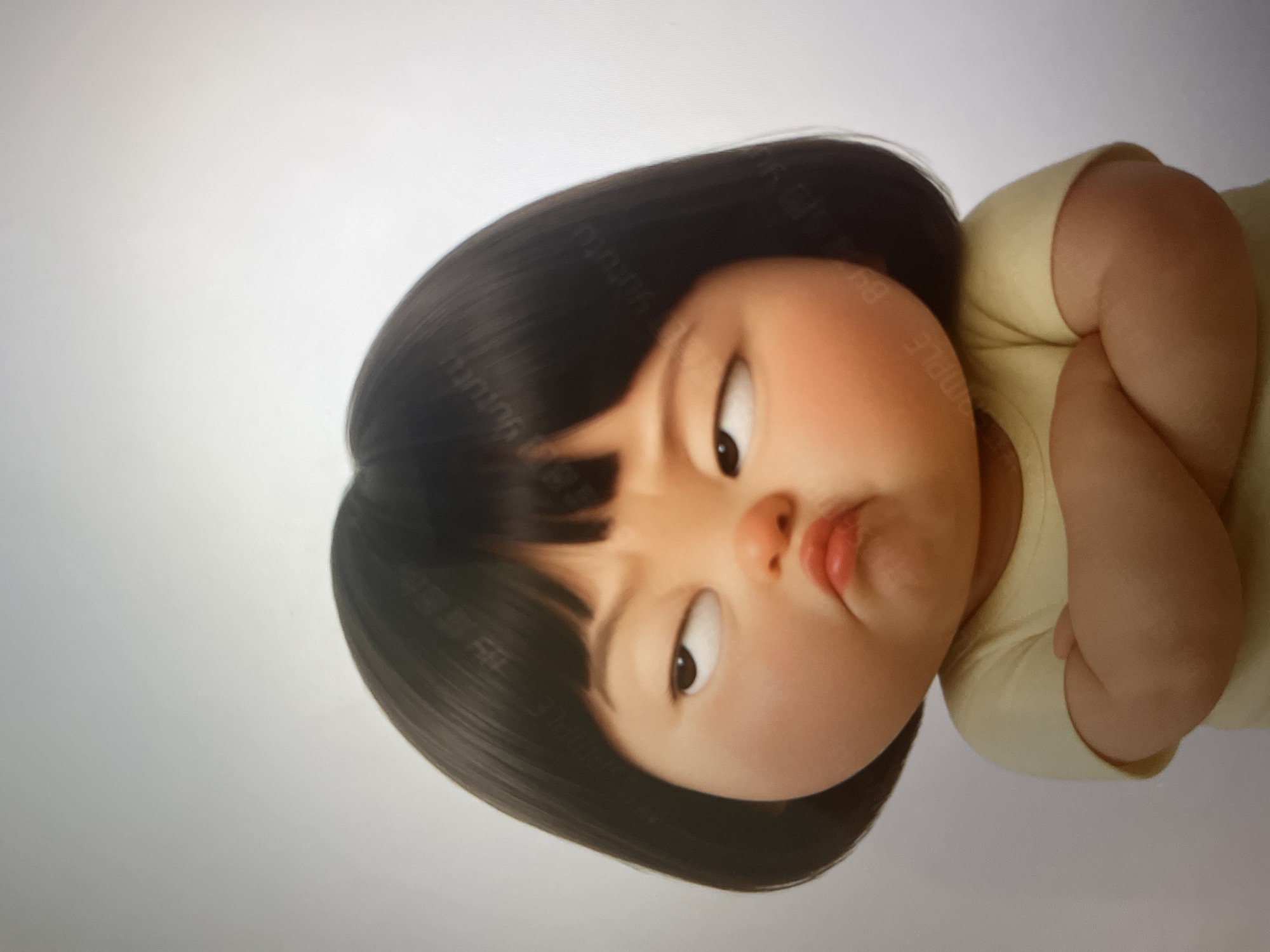 A digital illustration features a cartoon girl with a short black bob haircut and wide, innocent eyes. Her facial expression is one of defiance, with her lips pursed and her eyebrows furrowed. Her arms are crossed in front of her chest, and she is wearing a light yellow t-shirt. The background is a plain, light gray. The image contains watermarks that read "SAMPLE" and "yututu".