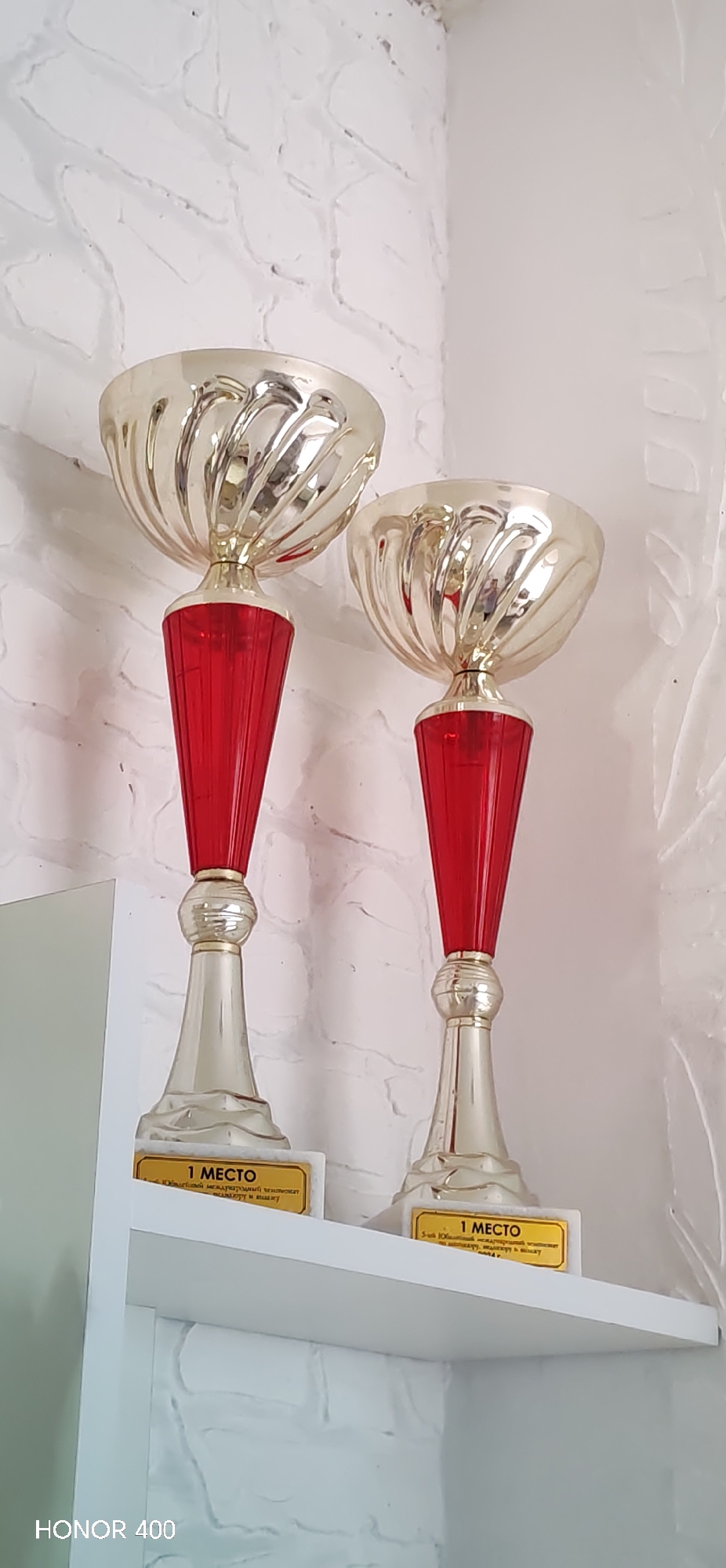 The image captures two identical trophies, both signifying "1st Place," displayed on a white shelf against a textured white wall. Each trophy features a silver-colored, fluted cup-like top, a bright red ribbed conical body, and a silver-colored base. They stand on rectangular white or light-colored platforms, each adorned with a gold-colored plaque.
The plaque on the left trophy clearly reads "1 МЕСТО" (1st Place), followed by partially visible text indicating it's from the "4-ый Общероссийский международный чемпионат по архитектуре и дизайну" (4th All-Russian International Championship in architecture and design). Similarly, the plaque on the right trophy also states "1 МЕСТО" and refers to the "5-ый Юбилейный международный чемпионат по архитектуре и дизайну" (5th Anniversary International Championship in architecture and design).
The background wall has a distinct, uneven texture, possibly suggesting painted brickwork or a decorative plaster finish. The scene appears to be indoors, well-lit, and clean. A "HONOR 400" watermark is visible in the bottom left corner of the image. Given the context of Noviy, Russia, these trophies are likely awards from architectural and design championships held in or related to that region.
