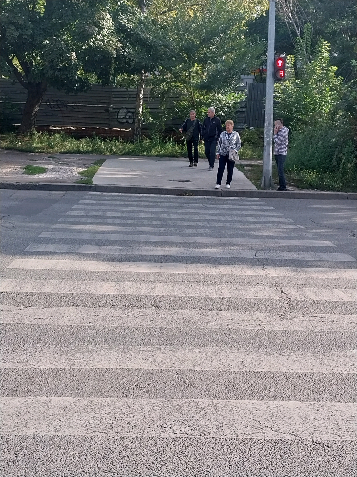 The image shows a crosswalk in Dnipro, Ukraine, with four people standing on the sidewalk next to a traffic light. The traffic light is red, with a red pedestrian signal illuminated. The people appear to be waiting to cross the street. One woman in the foreground is wearing a patterned jacket and dark pants, and she has a purse slung over her shoulder. Behind her, two men are walking, and to the far right, a person in a plaid shirt is standing near the traffic light pole, speaking on a phone. The sidewalk is paved, and there is a street with a marked crosswalk in front of it. Trees and foliage are visible in the background, suggesting an outdoor, urban environment.