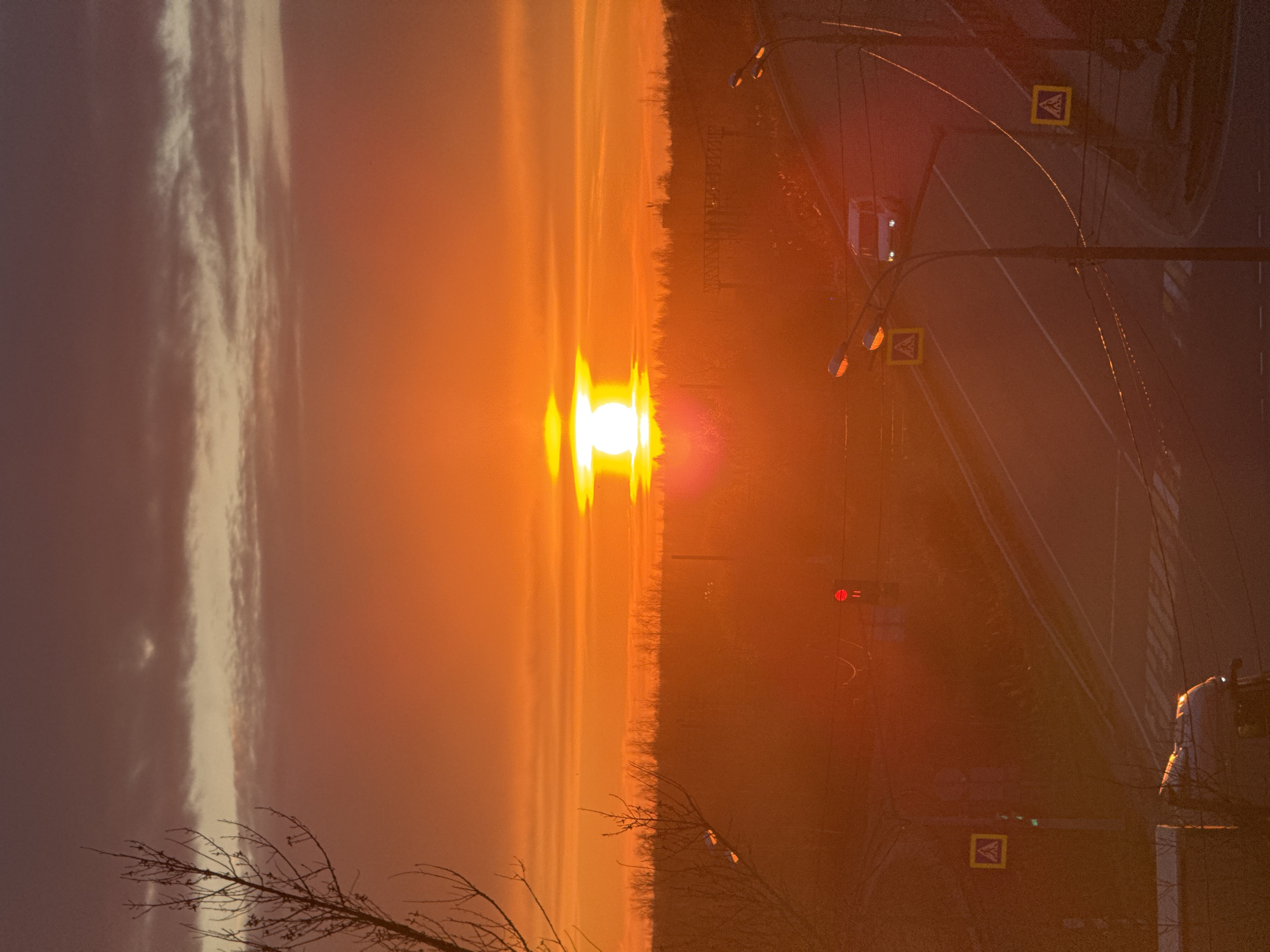The image captures a sunset over Ново-Никольское, Russia. The sun is situated in the center of the frame, partially obscured by atmospheric haze. To the left of the sun, clouds stretch vertically in the sky. To the right, a road runs horizontally, with streetlights and road signs visible along its course. In the foreground, bare tree branches are silhouetted against the sunset.
