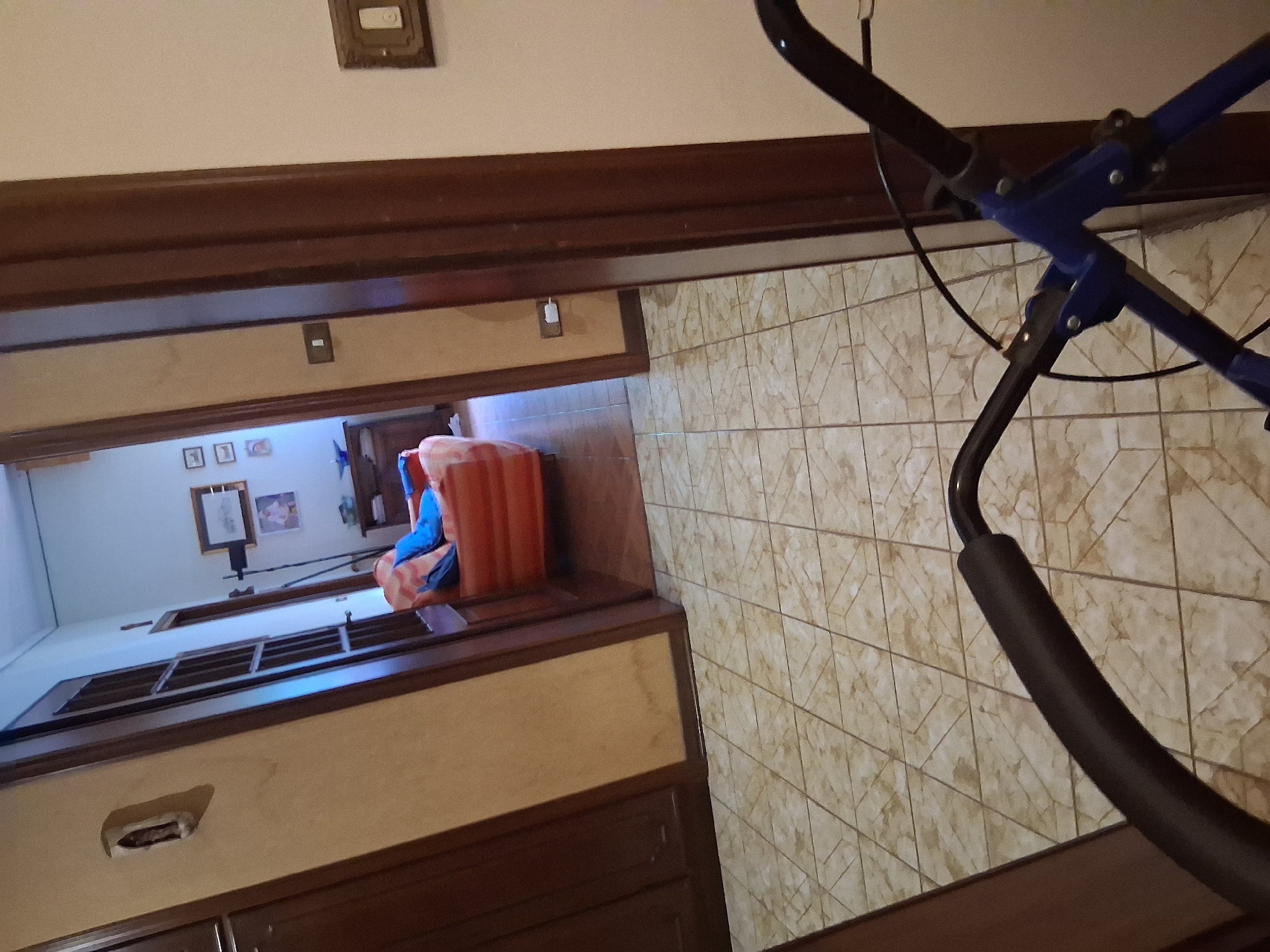 The image shows a tiled floor in what appears to be an interior hallway or living space. To the left, a dark wooden door or wardrobe is visible. Further into the background, through an open doorway, an orange sofa with blue cushions can be seen in another room. There are framed pictures on the wall in that background room, along with a dark wooden furniture piece. The foreground is dominated by the handlebars and frame of a blue walker. Light emanates from an overhead source, casting shadows and illuminating the tiled floor. The image captures a domestic environment, possibly in Colorno, Italy, given the context provided.