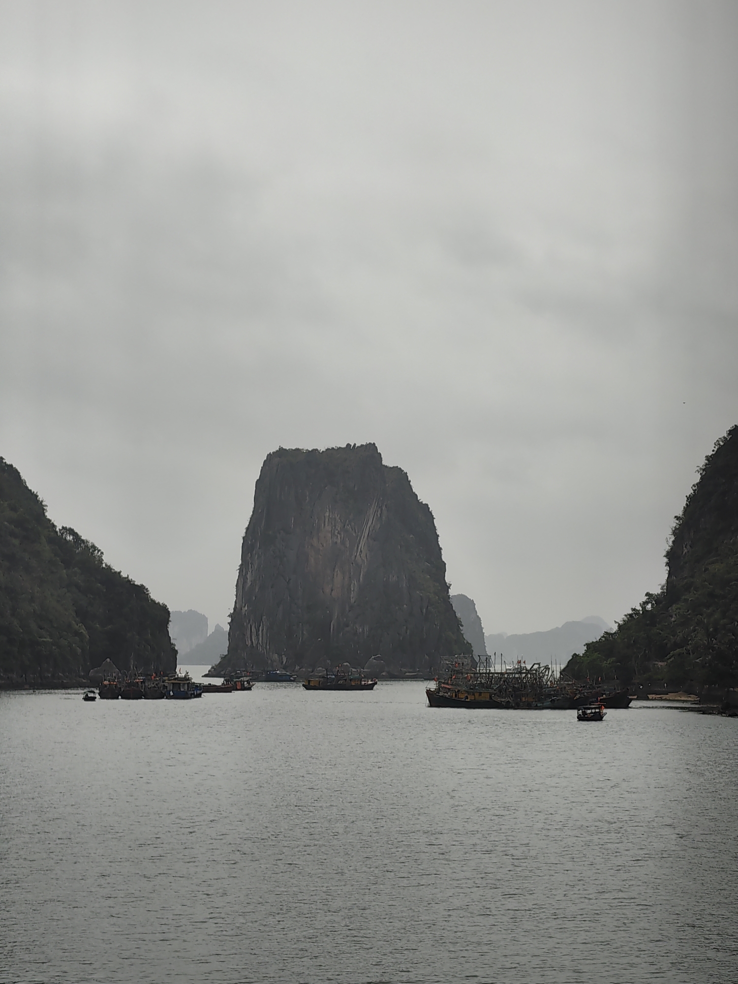The image captures a misty scene in Ha Long Bay, located in Hong Gai Ward, Vietnam. The bay is dotted with numerous limestone karsts and islets rising from the water. Several boats, likely fishing vessels or tourist boats, are scattered throughout the bay, some clustered together. The water appears calm, and the overcast sky casts a uniform gray light over the entire scene. The vegetation on the islands appears lush, although details are obscured by the distance and haze.