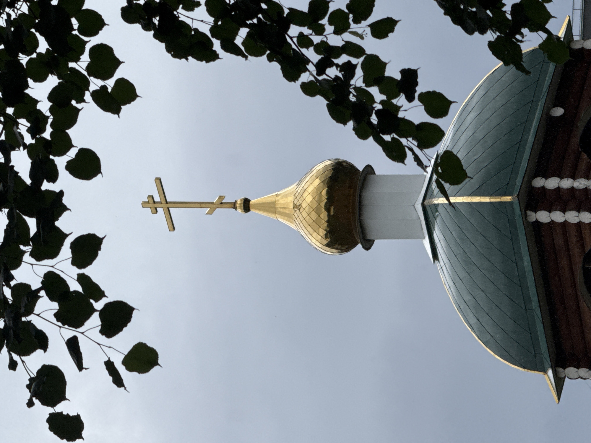 The photograph, rotated ninety degrees clockwise from its natural upright orientation, captures a distinctive architectural detail of an Eastern Orthodox church in Chaikovsky, Russia, set against an overcast, light gray sky. Dark green tree leaves and branches, largely silhouetted, frame the top and left edges of the image.
The central subject is a gleaming golden, onion-shaped dome, which appears horizontally in the image, extending towards the right. This dome is intricately patterned with diamond-shaped facets that reflect light. It culminates in a slender golden Orthodox cross, which points leftward in this rotated view. The cross features a main horizontal bar, with a slightly shorter bar positioned below it, and a diagonal bar near its bottom. The dome rests on a white cylindrical base.
Below the golden dome, and extending towards the bottom right of the frame, is a section of a larger church dome or roof. This part is dark green with vertical segments and accented by golden trim along its edges. Some brown architectural elements with white decorative details are visible on its far right.
The scene suggests an overcast daytime, with soft, diffused lighting. No individuals or visible text are present in the image. The composition offers a detailed, close-up perspective of the church's unique architectural and religious elements, framed by natural foliage.