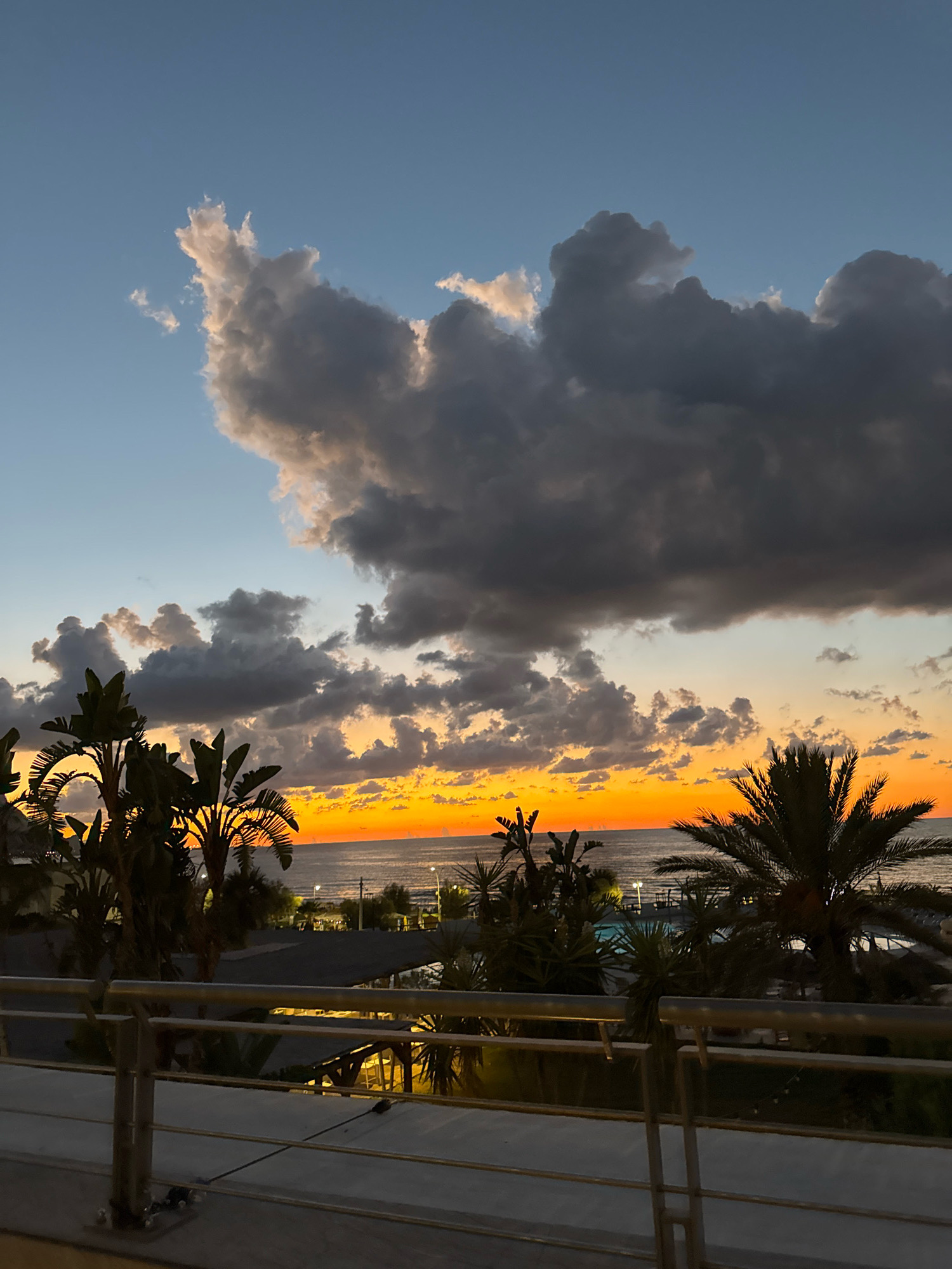 This image captures a sunset over the sea as viewed from a balcony in Isola delle Femmine, Italy. The sky is a gradient of deep blue near the top, transitioning to lighter blues and then a vivid orange band along the horizon where the sun is setting. Dark, dramatic clouds are interspersed with lighter, illuminated clouds, adding texture and depth to the sky.
In the foreground, a metallic railing of a balcony is visible, with a portion of the balcony floor below. Beyond the railing, several palm trees and other lush greenery are silhouetted against the vibrant sunset. These trees are characteristic of the Mediterranean landscape.
In the mid-ground, the calm sea stretches out to the horizon, reflecting the warm hues of the sunset. Along the coastline, there are hints of buildings, lights, and possibly structures associated with a resort or town, suggesting the presence of civilization. The overall impression is one of a serene evening by the coast in a picturesque Italian location.
