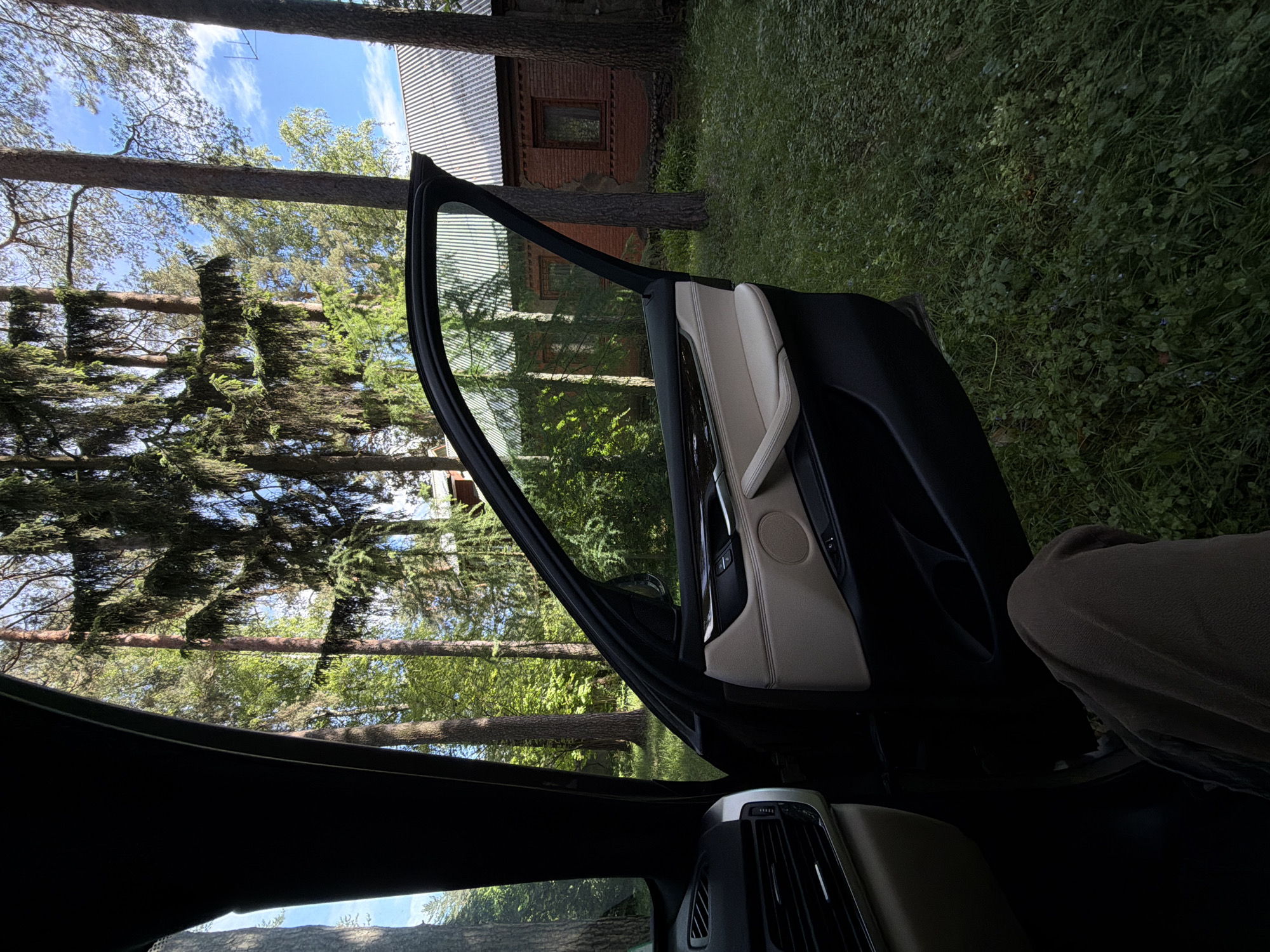 The image shows the interior of a car, specifically focusing on an open car door with a black exterior and a cream-colored interior panel. Through the open door, a wooded area with tall trees, green foliage, and a building is visible. The scene appears to be outdoors, possibly adjacent to a forested area. Based on the presence of what appears to be a dacha (a seasonal or year-round second home, often located in the suburbs or rural areas) and wooded surroundings, it is plausible that the location is near Udelnaya, Russia. The interior view of the car reveals details of the dashboard and possibly another passenger.