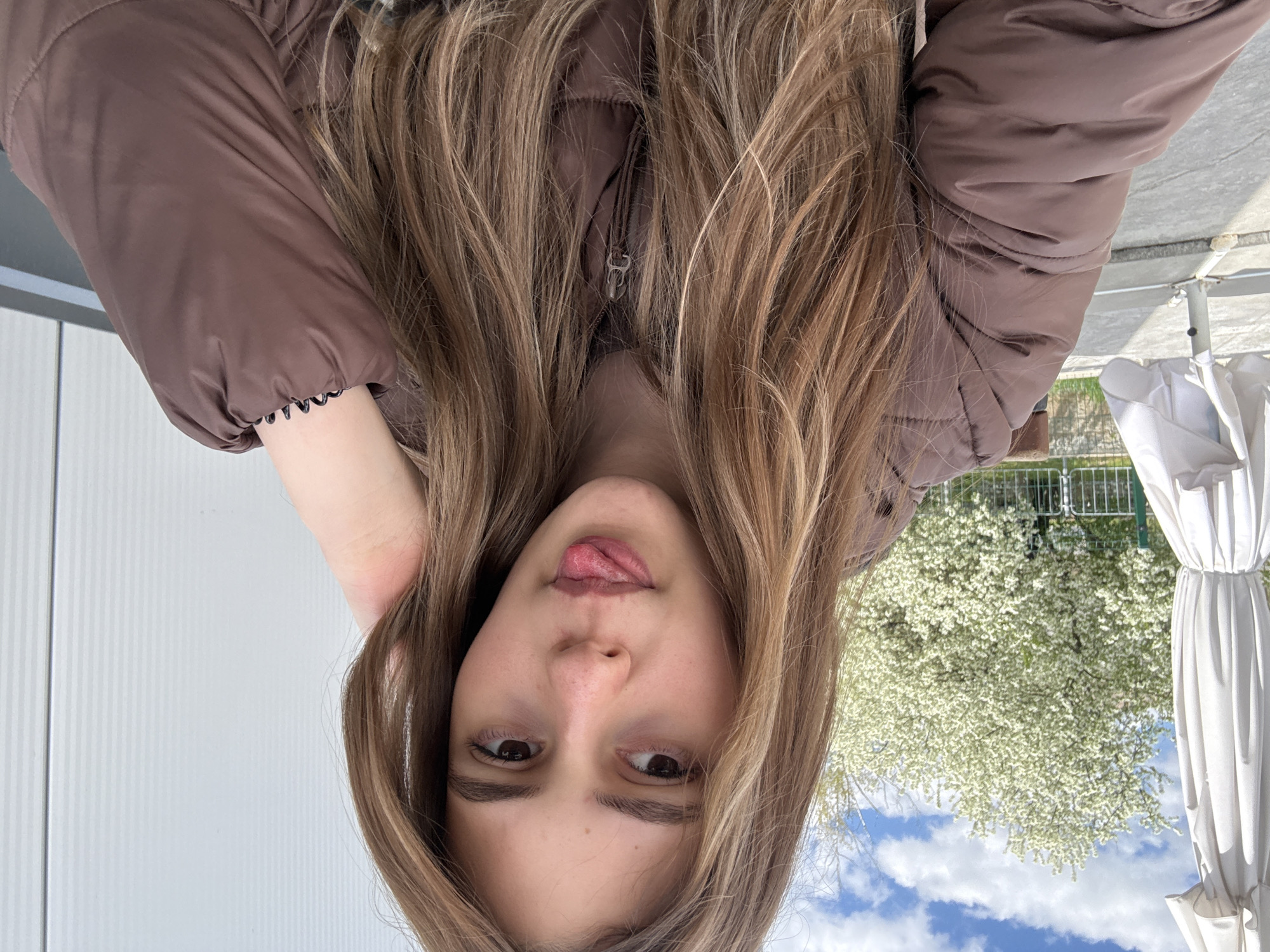 The image features a young woman captured in an outdoor setting, likely a selfie. She has long, light brown hair that cascades around her face and over her shoulders. She is looking directly at the camera with a playful expression, sticking her tongue out. She is wearing a brown puffer jacket, with the zipper visible beneath her hair. Her right hand (viewer's left) is raised, resting on her hair.
The background on the left reveals a plain white wall or building with subtle vertical lines. On the right, an outdoor area is visible, featuring a white umbrella or canopy structure, suggesting a cafe, restaurant, or public park seating. Beyond this, a tree with abundant white blossoms is in full bloom, indicating springtime. The sky above is blue with scattered white clouds, suggesting clear and sunny weather during the daytime. A metal fence is partially visible near the base of the tree.
The overall mood is casual and lighthearted. No visible text is present in the image. The location context provided indicates this scene is in Panagyurishte, Bulgaria.