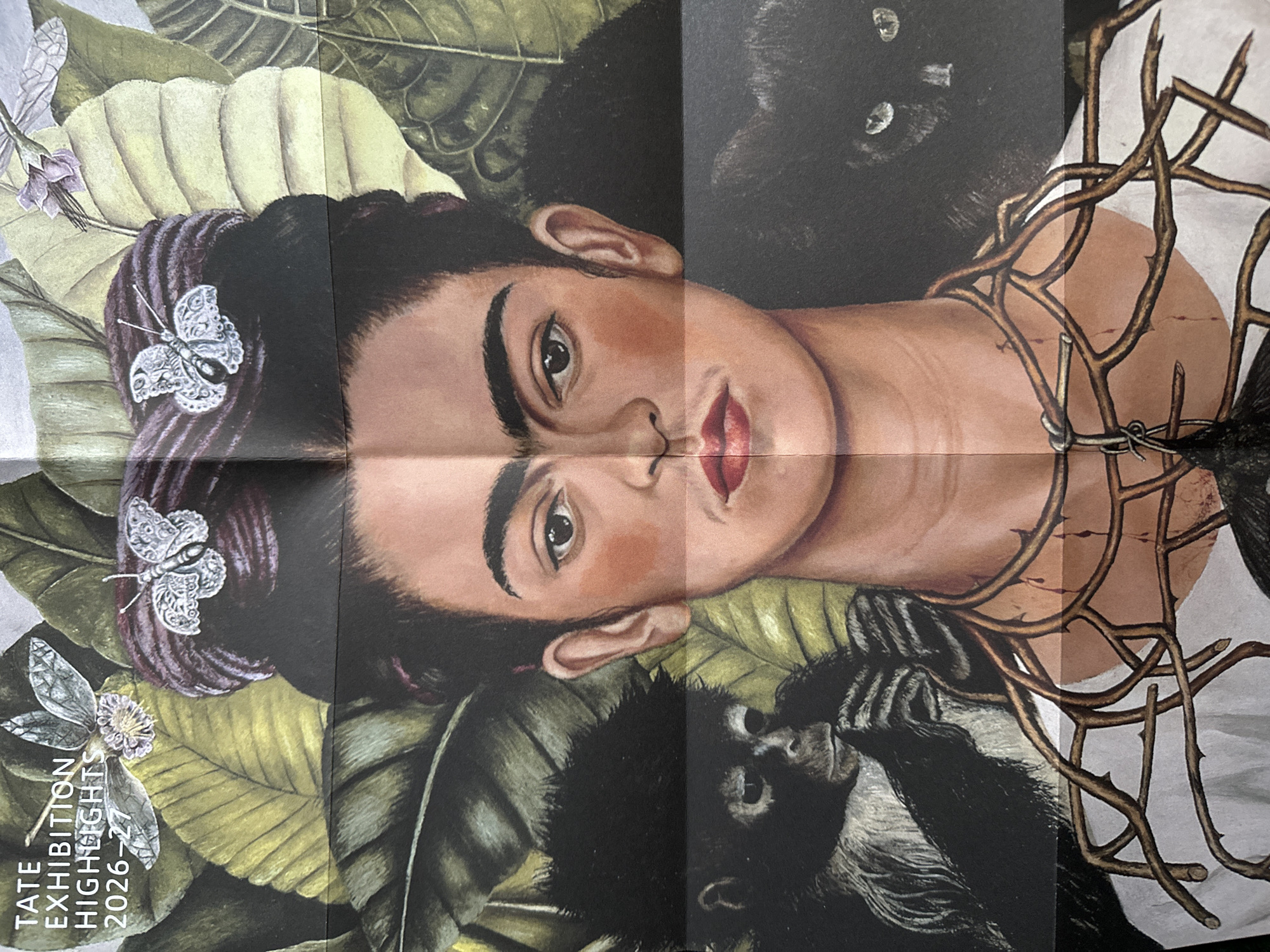 The image is a print of Frida Kahlo's painting "Thinking about Death". The print is folded vertically down the center. Kahlo is seen lying on her side, surrounded by leaves, a monkey, a cat, and a thorn necklace. The bottom left corner displays the text "TATE EXHIBITION HIGHLIGHTS 2026-27." The Tate Modern is located in London, United Kingdom.