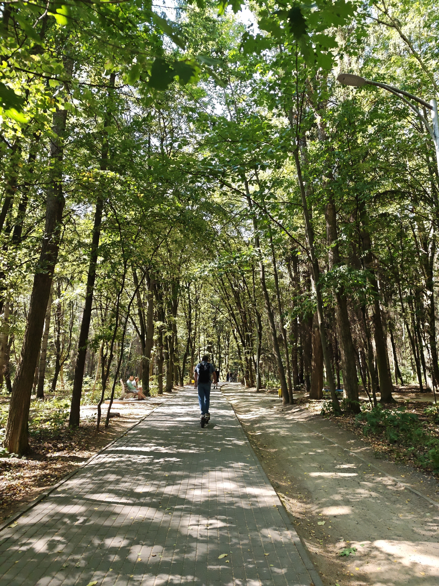 The image depicts a sun-dappled park pathway in Vinnytsia, Ukraine, lined with tall trees. A person on an electric scooter is riding away from the camera down the paved path. In the background, to the left of the path, two individuals are seated on a park bench. The environment is characterized by lush green foliage and shadows cast by the trees onto the pathway. The pathway itself is constructed of interlocking paving stones.