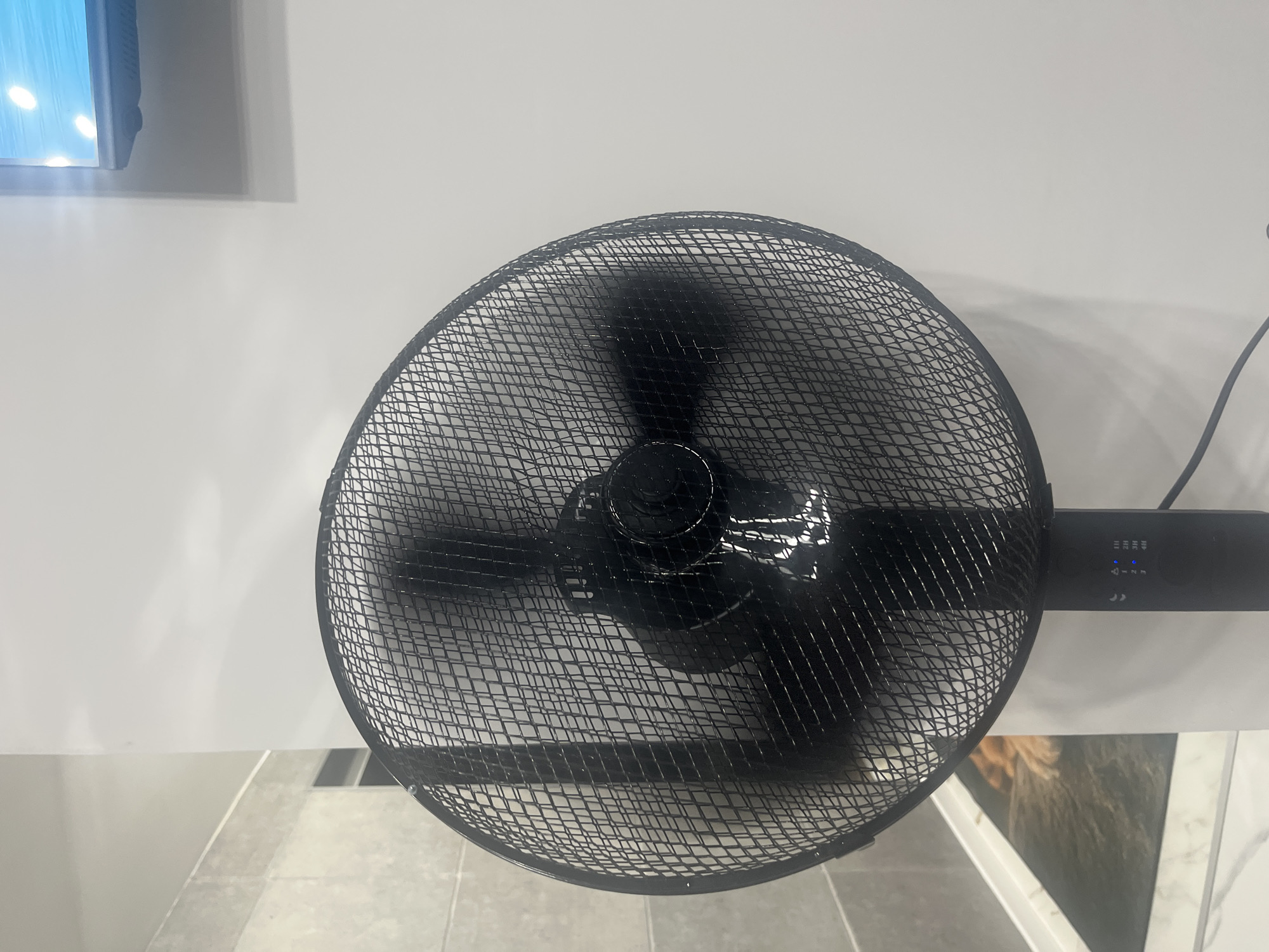 A black standing fan is positioned in front of a white wall. The fan's blades are blurred, indicating it is in operation. To the left of the fan, a tiled wall is visible. In the lower left portion of the image, a portion of a mat with an image of a lion's mane and paws can be seen. The scene appears to be indoors, possibly in a domestic setting within the city of Rosenovo, Bulgaria.