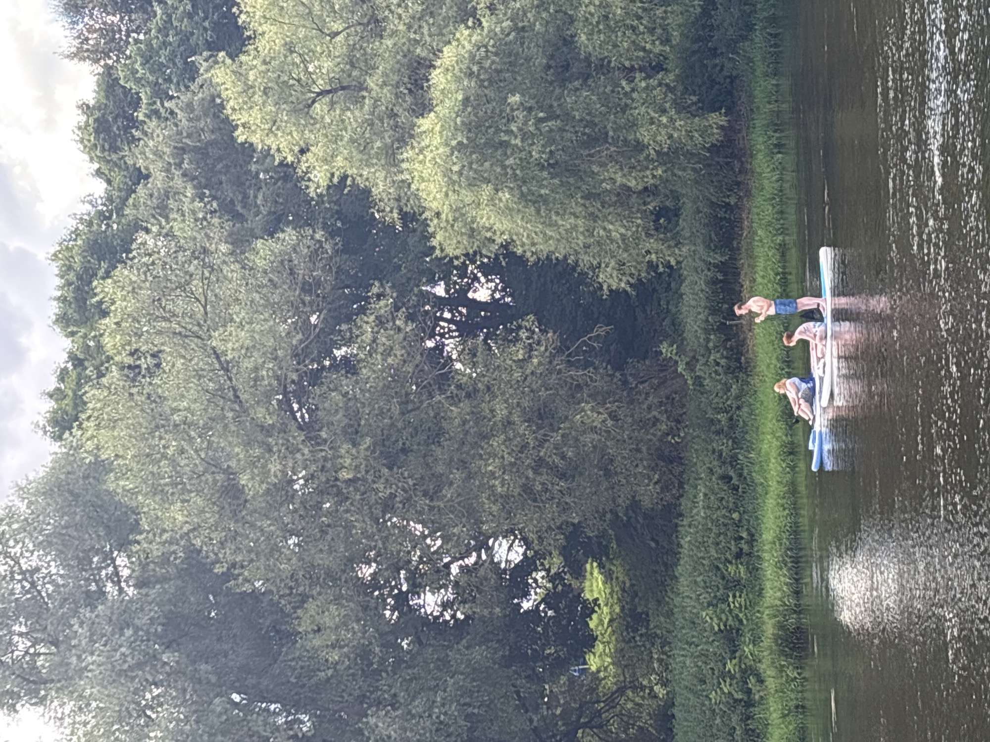 Three people are paddleboarding on a wide, calm river. The person on the far left is seated on a blue paddleboard, wearing a white top and patterned shorts. To their right, on a white paddleboard, a person is seated wearing a white top and shorts. A third person, a male, stands on the right end of the white paddleboard, wearing blue swim trunks and holding a smartphone. The river is dark and reflects the sky and surrounding trees. The background features a dense line of green vegetation along the riverbank, followed by a thick forest of deciduous trees. The sky above is partially cloudy. The image appears to be taken from a slightly elevated position on the water, looking towards the shore. This scene is consistent with the natural landscapes found near Zvenigorod, Russia, particularly along the Moskva River, which flows through the area and is known for its tranquil, forested banks.