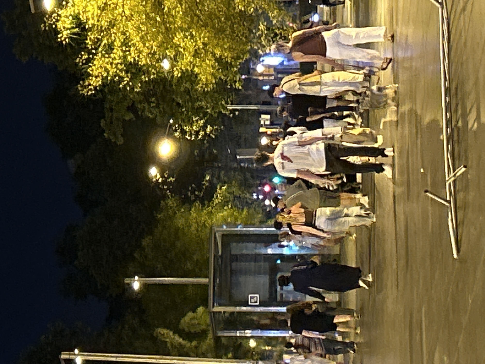 The image captures a nighttime street scene in Barcelona, Spain, likely in a lively urban area with trees and streetlights. A group of people are walking on a wet asphalt street. In the foreground, a small dog is being walked by a person wearing white pants. Several individuals are seen walking in the same direction, with some carrying shopping bags.
A glass-enclosed structure, possibly a public restroom or information booth, stands prominently in the mid-ground. Streetlights illuminate the area, casting a warm glow on the trees and pavement, highlighting the reflections on the wet surface. The background features dark trees and the glow of distant lights, suggesting the ongoing activity of the city at night. The overall atmosphere is one of casual evening movement and urban life.