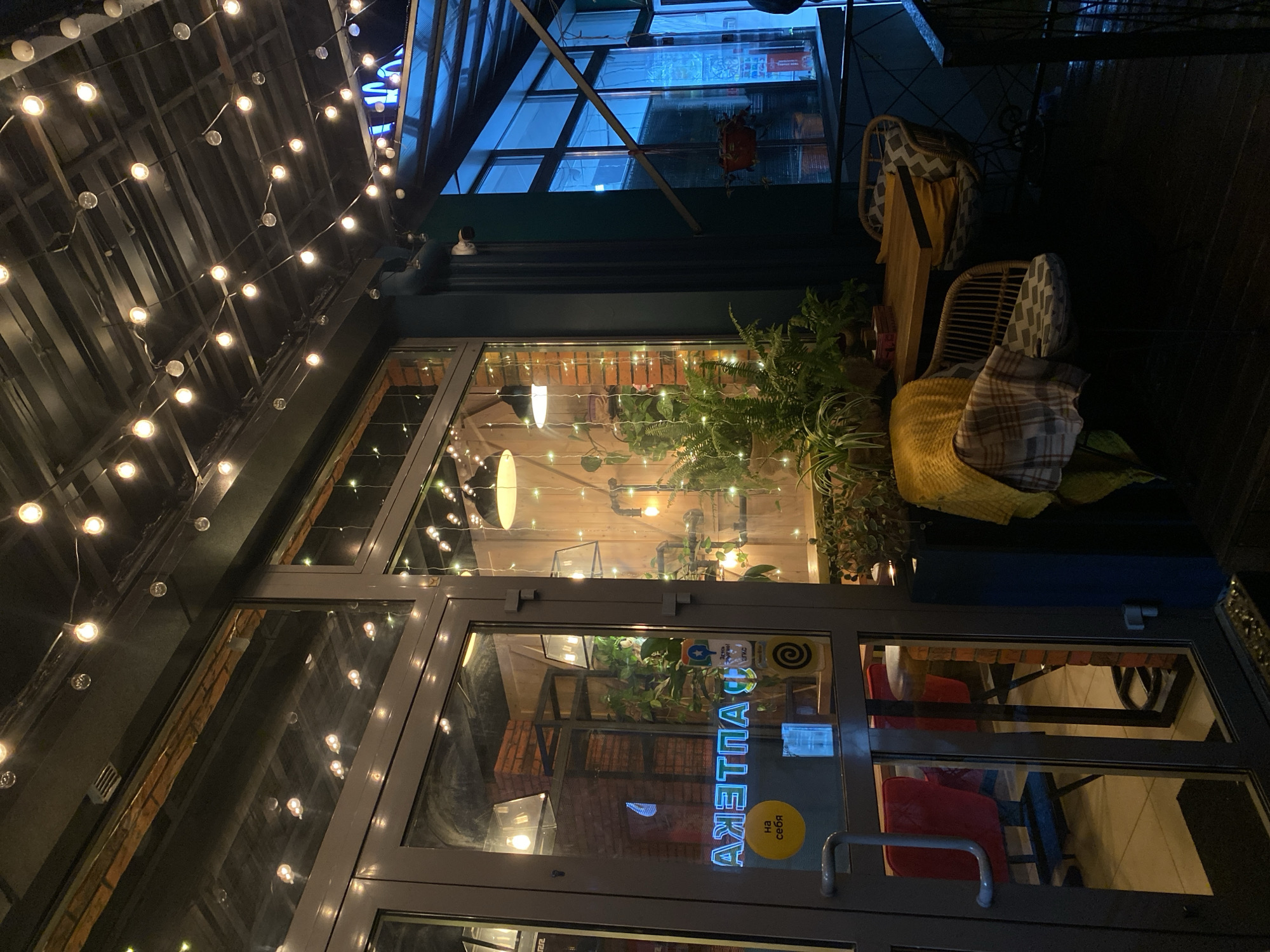 The image depicts the entrance of a cafe or restaurant, likely located in the city of Sochi, Russia, as evidenced by the sign that reads "Аптека" (Pharmacy) in Russian. The entrance is framed by a glass door with a metal frame, and the interior is visible through the glass. Inside, there are tables and chairs, suggesting a dining area. Plants are also visible inside the establishment, adding a touch of greenery. The exterior of the building is decorated with strings of lights, creating a warm and inviting atmosphere. The scene appears to be captured at night, with the lights illuminating the entrance and casting reflections on the glass door.