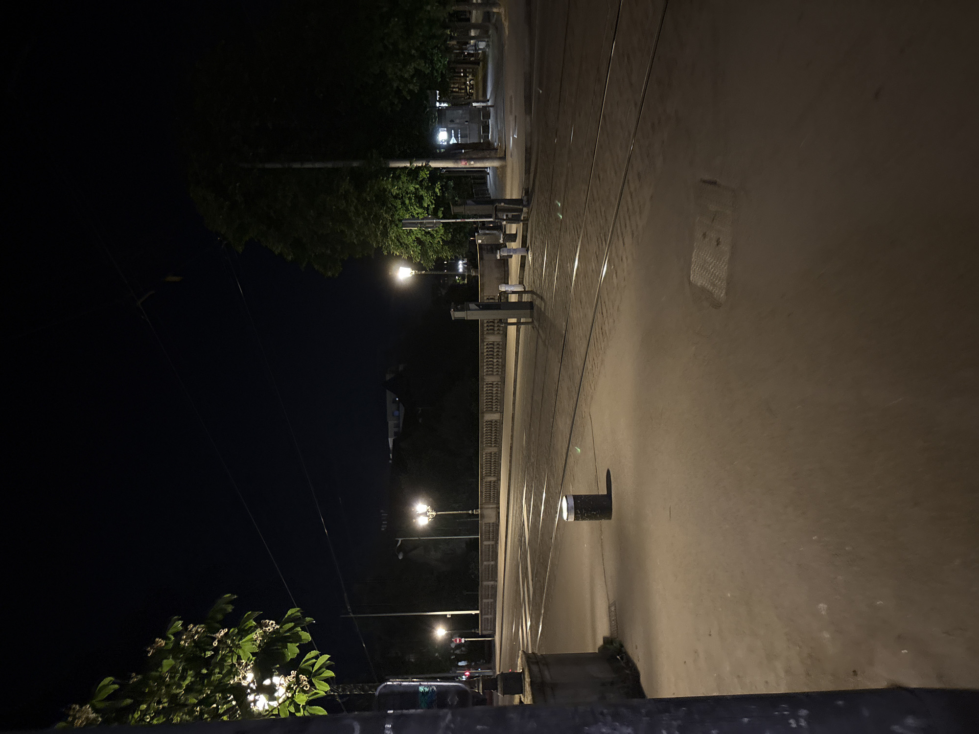 This image shows a street scene in Strasbourg, France, at night. The view is from an elevated position looking down the street. A tram line runs along the street, with tracks visible. Streetlights illuminate the scene, and trees line the sides of the street. Some buildings are visible in the distance. The image is dark, with most details obscured by shadows. The foreground includes a dark railing.
