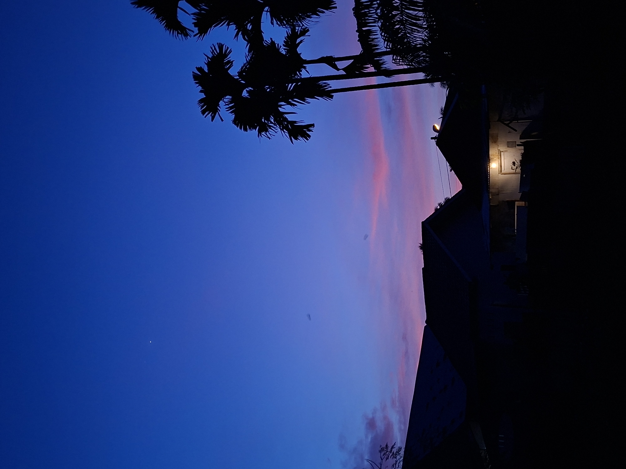 The image depicts a twilight scene in Lhokseumawe, Indonesia. The sky transitions from a deep blue overhead to shades of purple and pink closer to the horizon, with a few wispy clouds. Silhouetted against the sky are several tall palm trees on the right side of the frame. In the lower portion of the image, the dark outlines of several houses are visible. One house in the center foreground has a lit window, casting a warm glow. Another house to its left is also visible in silhouette. The overall impression is a quiet residential area at dusk.