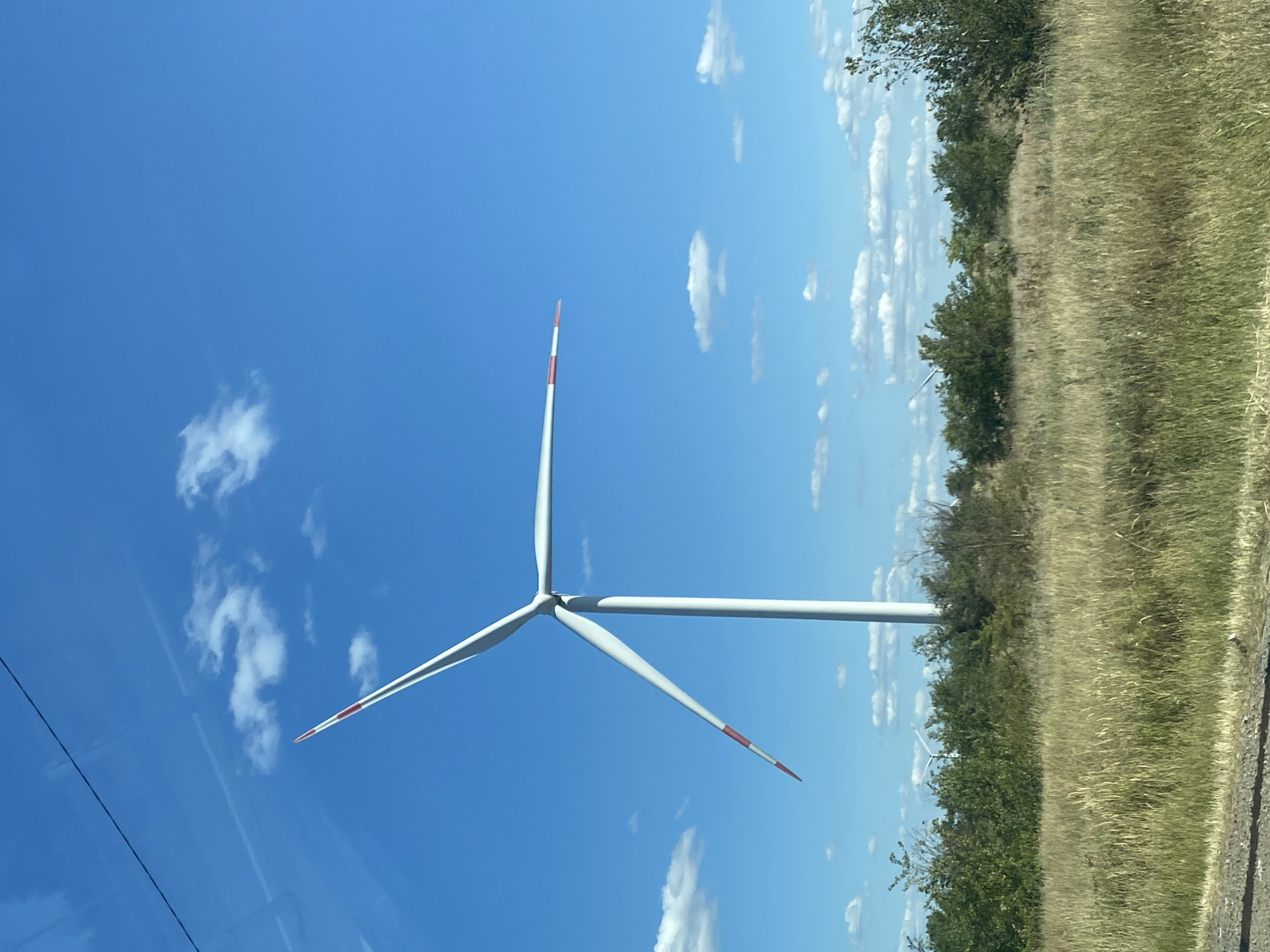 The image shows a white wind turbine with three blades against a clear blue sky with scattered white clouds. The blades are angled, with the tips painted red and white. The turbine stands in a field of dry, tall grass and green bushes. In the background, other wind turbines can be seen in the distance, along with more trees and vegetation. A power line runs diagonally across the top left of the frame. The scene appears to be an open, rural landscape. The image does not contain any people. The location is described as the city of Lavrov, Russia.