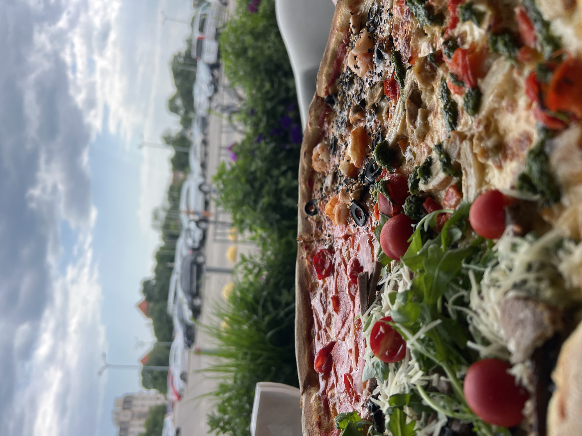 A close-up, shallow depth of field, eye-level shot shows a large, multi-topping pizza in the foreground, with a blurred background of a parking lot and buildings. The pizza is divided into at least four sections, each with different toppings including pepperoni, shrimp, olives, cherry tomatoes, arugula, mushrooms, and grated cheese. The crust is golden brown and appears to be thin. In the background, cars are parked under a cloudy sky. A row of green bushes and purple flowers separate the pizza from the parking lot. The scene is set outdoors, suggesting a restaurant with outdoor seating. The location is identified as Fontanka, Ukraine. There are no people visible in the frame.