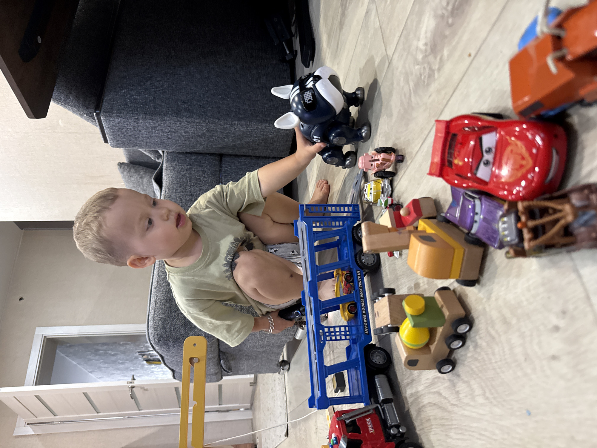 A young Caucasian boy is playing with toys on the floor of a room. The boy is wearing a light green t-shirt and grey shorts with a soccer ball pattern. He is crouched down, reaching out to touch a black toy French bulldog with white stripes and sunglasses.
The floor is made of light wood laminate. Scattered around the boy are various toy vehicles, including a red truck with "TRUCK" written on the side, a blue double-decker truck trailer with a yellow toy car inside, a wooden toy cement mixer, a yellow toy car, a pink toy tractor, a purple toy car, a red toy car that resembles Lightning McQueen, and a brown toy truck. A yellow toy structure is visible in the background on the left.
Behind the boy, a dark gray sofa is visible. To the left of the sofa, a white door with horizontal panels is ajar, revealing a hallway and another door with textured wallpaper. The walls are a light beige color. The scene appears to be in a residential setting, likely a living room or playroom. The photograph was taken in the city of Rusanovo, Russia.