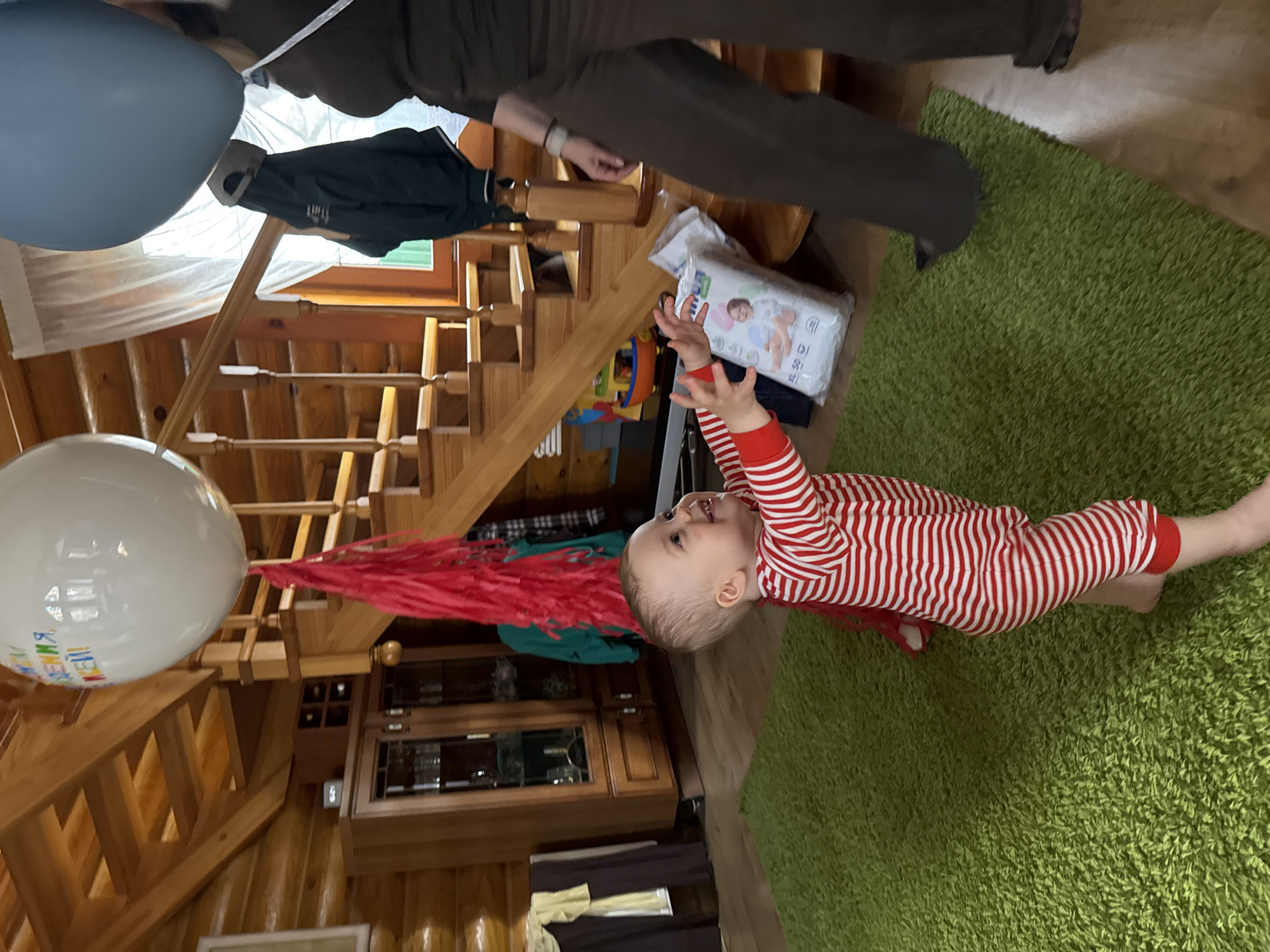 This indoor image, taken in what appears to be a rustic home in Tomilino, Russia, captures a celebratory moment. The scene is dominated by warm wooden tones from the log-cabin style walls, staircase, and floor.
In the foreground, a baby or toddler, dressed in cheerful red and white striped pajamas, lies on a vibrant green shag rug. The baby is looking upwards with a wide smile, arms outstretched as if reaching for something or someone just out of view. An adult's legs and lower torso, wearing dark pants, are visible on the wooden floor next to the rug, suggesting their presence near the child.
The background features a wooden staircase and banister. Two large balloons add to the festive atmosphere: a light blue/grey balloon is partially visible in the upper left, and a white balloon, featuring colorful Cyrillic text that reads "С ДНЕМ РОЖДЕНИЯ" (Happy Birthday), is prominent in the lower left, trailing red streamers that extend towards the center of the frame. This text confirms the event is a birthday celebration.
Other visible objects include a pack of "Pampers XL 50" diapers on the wooden floor near the adult's feet, a dark jacket hanging on the banister, and a wooden cabinet with glass doors further back. Natural light enters the space through a window, partially covered by a translucent screen, indicating it is daytime. The overall impression is one of joy and celebration within a cozy home setting.