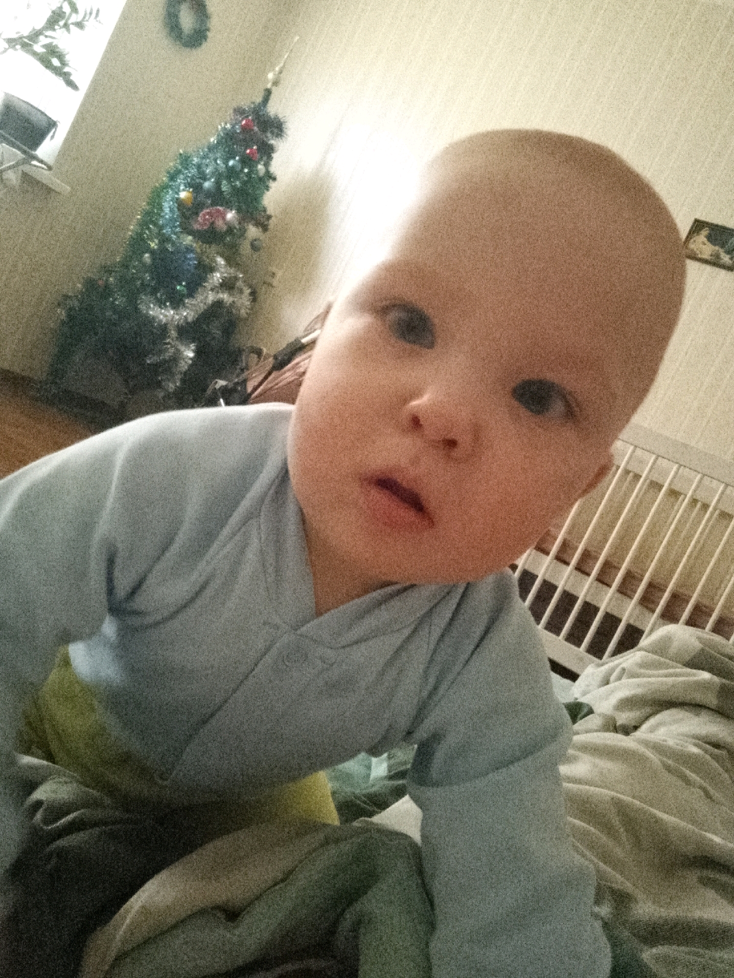 The image shows a close-up selfie of a baby. The baby has a bald head, light-colored skin, and wide blue eyes. The baby is wearing a light blue long-sleeved shirt and appears to be lying on a bed or other soft surface. In the background, a small, decorated Christmas tree is visible, along with part of a white crib. The lighting is warm and appears to be from an indoor source. The image quality is somewhat grainy. The scene is likely within a residential setting in Hrodna, Belarus, given the presence of a Christmas tree and crib, suggesting a family home during the holiday season.