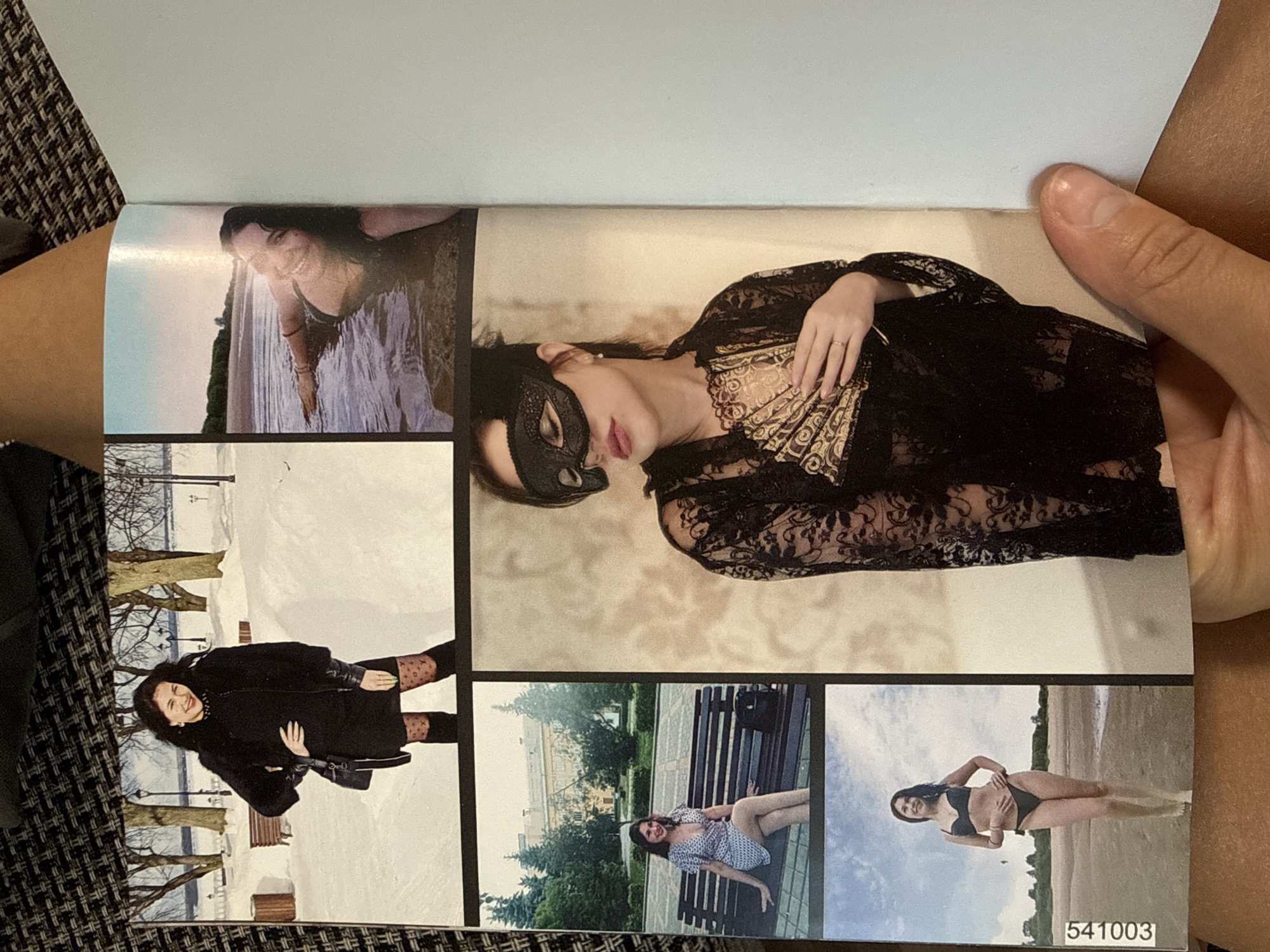 The image is a collage of photographs, appearing to be from a magazine or photo album. In the top left, a woman in a black coat and boots stands in a snowy park with bare trees and lampposts. She has dark hair and is smiling. In the top right, a woman with dark hair is partially submerged in water, smiling and looking towards the camera, with a beach and trees in the background. The middle section features a close-up of a woman wearing a black lace mask and a black lace garment, holding a decorative fan. She has dark hair, red lipstick, and is wearing earrings and a ring. In the bottom left, a woman in a black bikini poses on a sandy beach with the ocean in the background. A series of numbers, "541003," is visible in the bottom left corner of this photograph. The bottom right section of the collage is a close-up of the woman in the mask, showing her hand holding the fan and her torso. The overall impression is a collection of lifestyle or fashion photos. There is no explicit information or visual cues within the image that would place it specifically in the city of Cheboksary, Russia.
