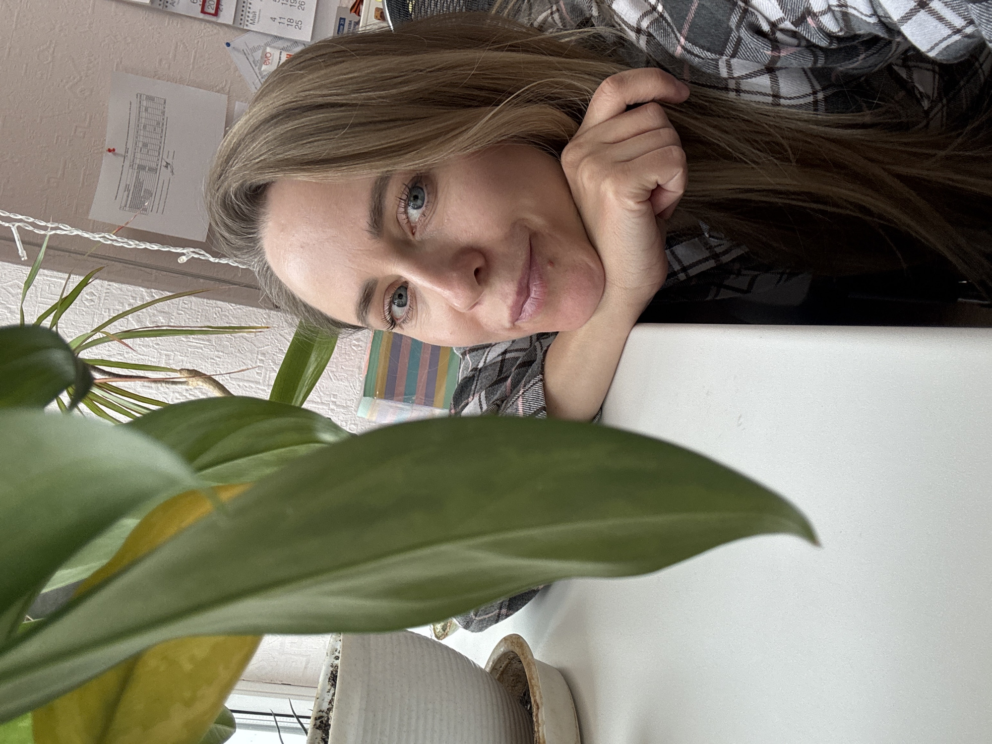 A young woman with long, light brown hair and blue eyes is captured in a close-up indoor shot, leaning her head on her right hand, which rests on a white surface, possibly a windowsill or desk. She is wearing a grey and white plaid shirt. Her expression is relaxed, with a soft smile and a contemplative gaze directed towards the viewer.
In the foreground, large green leaves of a houseplant are visible, creating a natural, slightly blurred frame on the left side of the image. Further back, another plant in a white textured pot is visible. The background shows a light-colored wall with various items pinned to it. To the upper left, a calendar page is visible with the numbers "20" (likely part of a year, e.g., 2023 or 2024), "Май" (Russian for May), and a grid of dates including "4", "11", "18", "25". Below the calendar, a white document with text and what appears to be a diagram or table is pinned to the wall with a red pushpin. A string of white fairy lights is draped along the wall.
The lighting suggests it is daytime, with natural light illuminating the scene. The overall atmosphere is calm and personal. The visible Russian text on the calendar aligns with the provided location context of Chaikovsky, Russia.