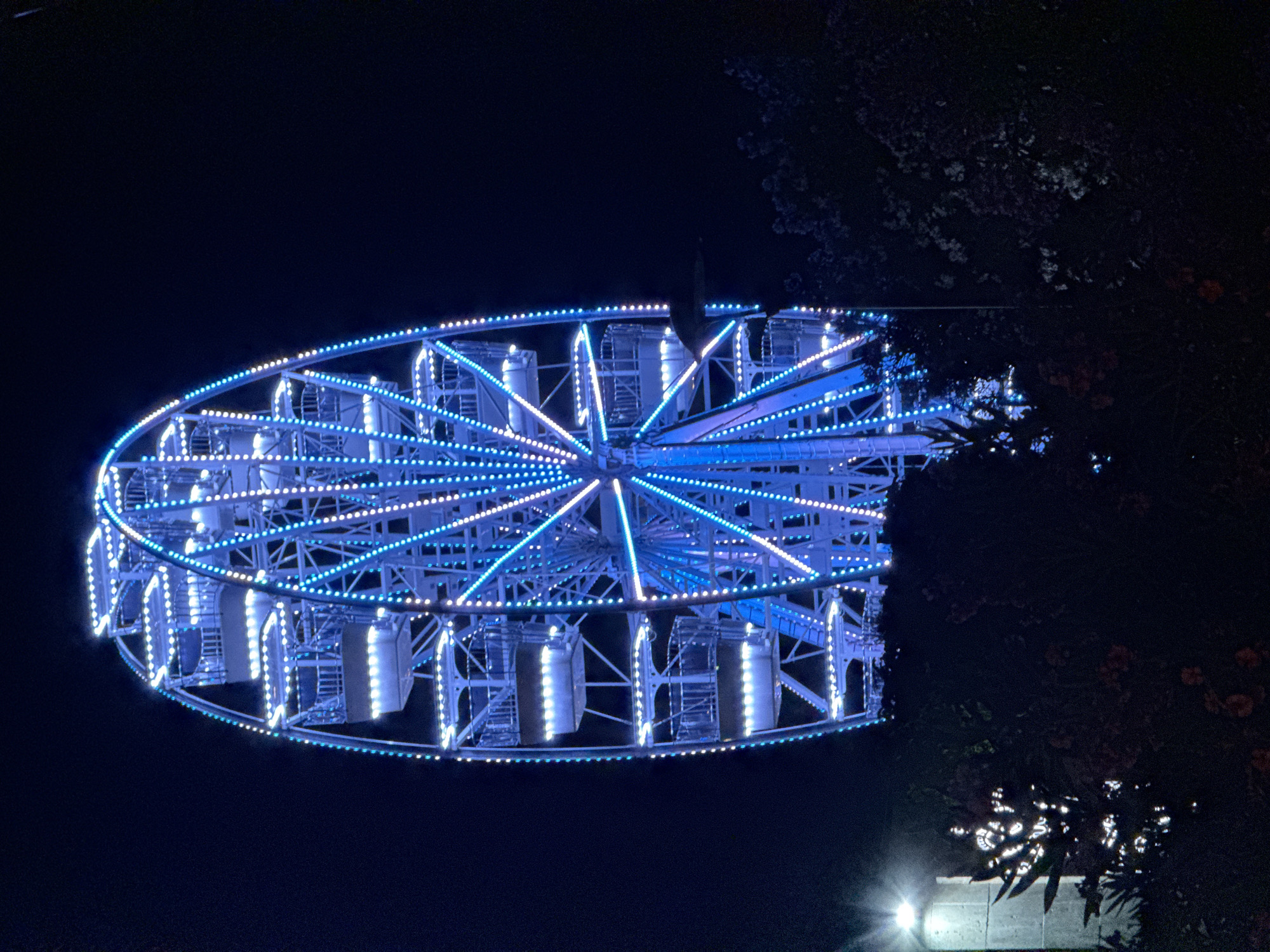 A brightly lit Ferris wheel stands tall against a dark night sky. The wheel is adorned with numerous blue and white lights, creating a dazzling spectacle. Several gondolas, also illuminated, are attached to the outer rim of the wheel, appearing to be in motion. In the foreground, dark foliage and trees partially obscure the base of the Ferris wheel. To the left, a concrete structure with a bright light fixture is visible, casting illumination on the surrounding plants. The overall scene suggests an amusement park or fairground setting at night. The Ferris wheel is located in the city of Budva, Montenegro.