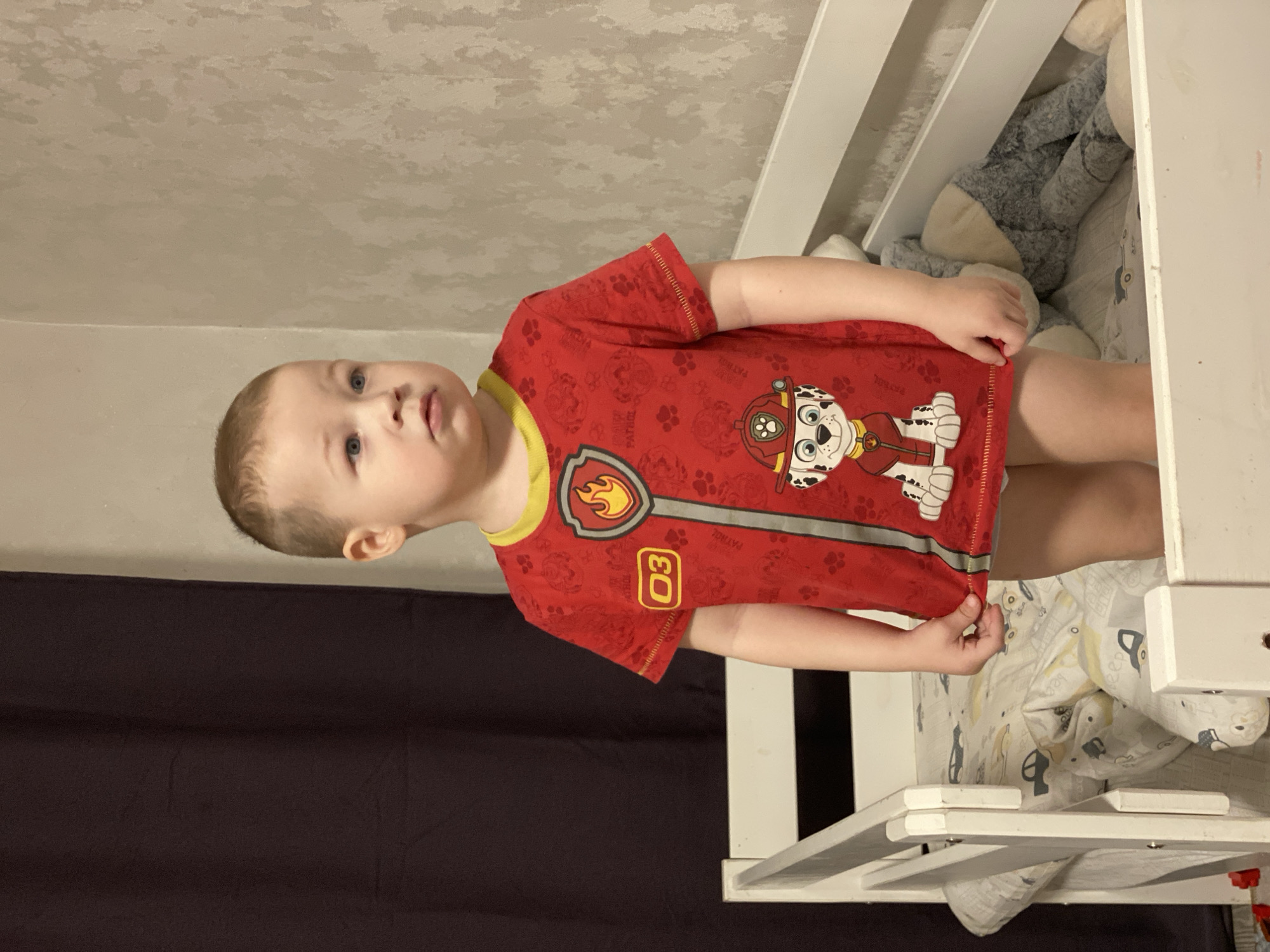 The image depicts a young child, appearing to be a toddler, standing within a white wooden crib or toddler bed. The child has short, light brown hair and blue eyes, looking towards the viewer's right with a neutral facial expression. The child is wearing a red short-sleeved t-shirt with a yellow collar, decorated with "PAW Patrol" themes, specifically featuring the character Marshall (a dalmatian firefighter) and a firefighter's shield emblem containing a flame and the number "03." Light-colored underwear or a diaper is partially visible beneath the t-shirt, which the child lightly grips at the bottom hem with both hands.
Inside the bed, patterned bedding is visible, consisting of white fabric adorned with gray car illustrations and yellow "beep beep" text. A gray and beige stuffed animal is partially visible lying on the bedding to the child's right. The background features a dark, possibly purple or brown, curtain hanging vertically on the left side of the frame. To the right and behind the child, a light-colored, textured wall is visible. The scene is illuminated by artificial light, indicating an indoor environment. The image provides no visual information to ascertain a specific location within the city of Sochi, Russia.