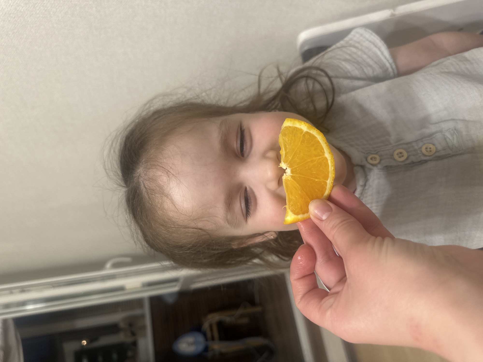 A small child with closed eyes is being offered a segment of orange. The hand holding the orange is an adult's. The child is wearing a light gray shirt with small buttons. The location is likely indoors. The location in Tomilino, Russia is not discernible from the image.