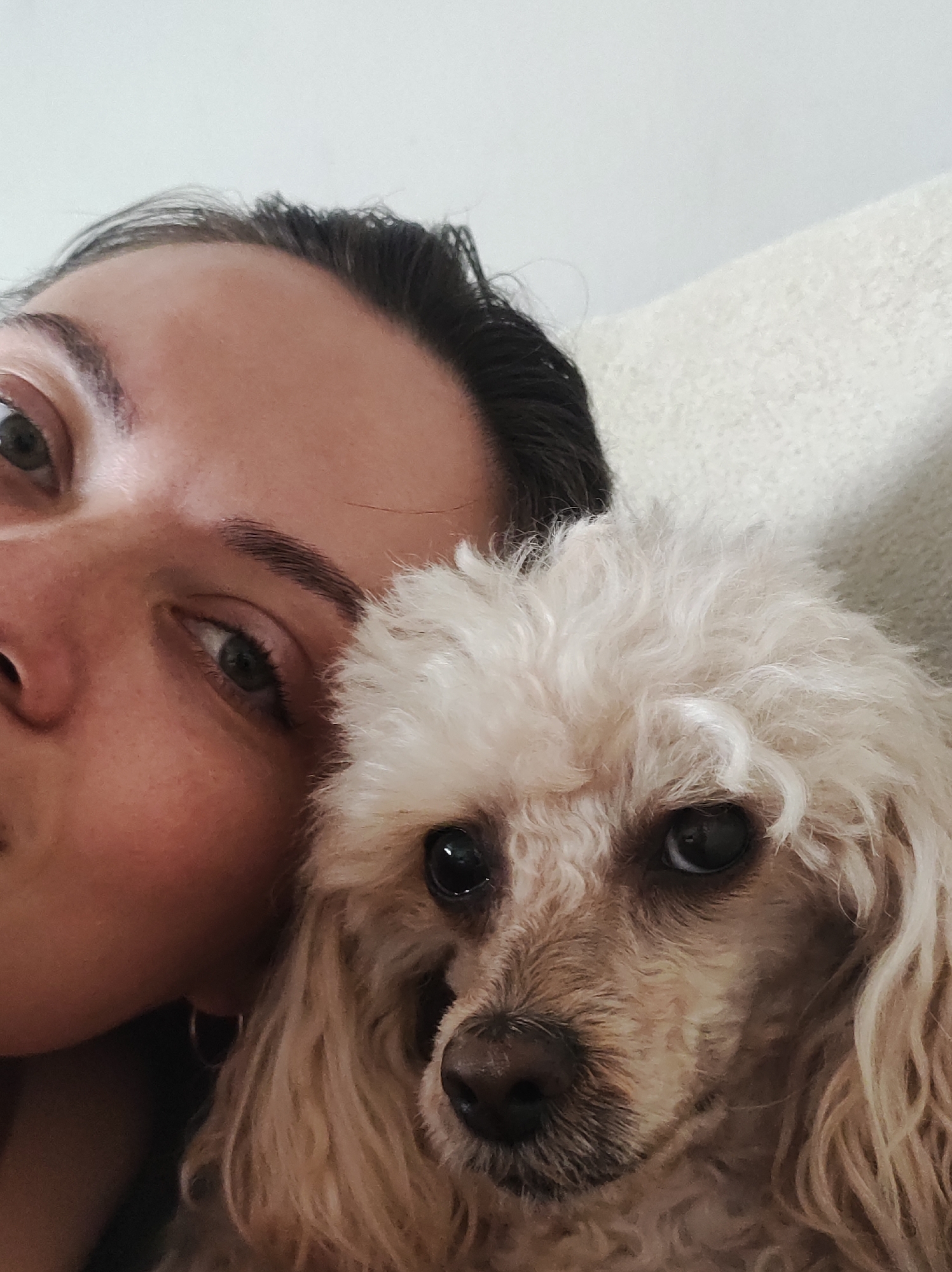 A person is closely posed with a small, fluffy dog that appears to be a poodle or similar breed. The person's face is partially visible, showing their eye, nose, and part of their forehead. They have dark hair and fair skin. The dog is primarily cream-colored, with darker shading on its nose and around its eyes. The background is a neutral, light color, possibly a wall or piece of furniture. The location is unknown, but is not in Фоки, Russia. The image is a close-up and appears to be a selfie.
