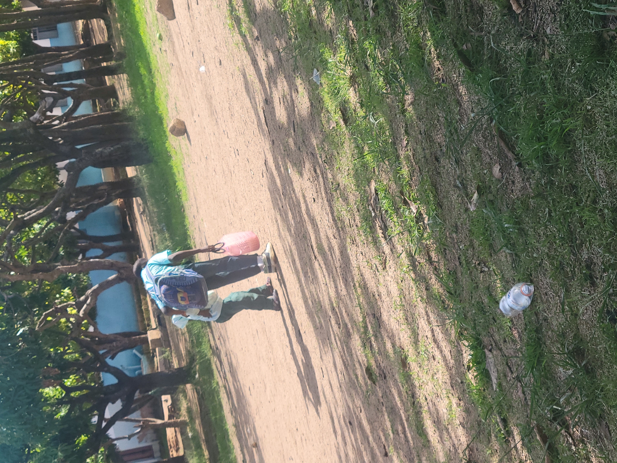 An outdoor scene captured on a sunny day shows a dirt path cutting diagonally across the frame, with trees on the left and a grassy area on the right. The path is unpaved, consisting of light brown earth with scattered small rocks and pebbles.
Two individuals are walking along the path, heading towards the upper right of the image. The person in the foreground wears a light blue short-sleeved shirt, dark pants, and light-colored shoes. They carry a multi-colored backpack (blue and purple with yellow and orange patterns) and hold a pink, cylindrical container or bucket with a black handle. Behind this individual, partially obscured, is another person, possibly a child, dressed in a light-colored top and dark green pants.
On the left side of the path, a line of trees with dark, gnarled trunks and green foliage forms a boundary. Behind these trees, parts of a light blue building and another structure with white and brown elements are visible. On the right side of the path, a strip of green grass grows, intermingled with some dried leaves and debris. A white plastic bottle is lying on this grassy patch.
Long, distinct shadows from the trees and the people stretch across the path, indicating bright sunlight, characteristic of either morning or late afternoon. The scene depicts a tranquil setting, likely in a rural or semi-urban area, consistent with the location context of Jos, Nigeria. There is no visible text in the image.