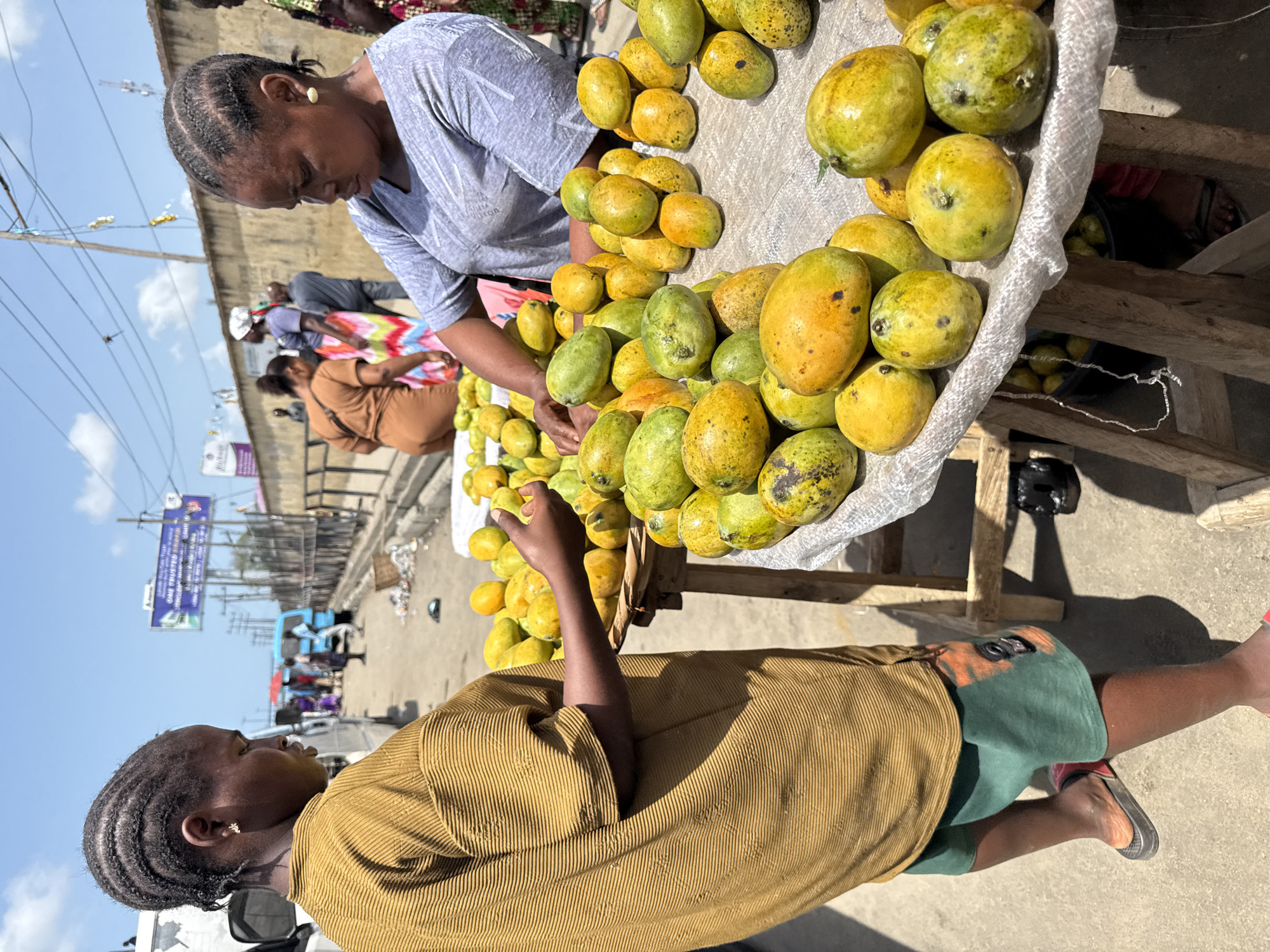 Two women are interacting at a fruit stand in Lekki, Nigeria. One woman, wearing a gray t-shirt, stands behind a wooden table covered with a variety of mangoes. She appears to be selecting or arranging the fruit. The other woman, wearing a golden-brown ribbed shirt and green shorts, stands in front of the table with her hand extended towards the fruit.
The mangoes vary in color, ranging from green to yellow. The fruit stand is situated on a street with other people, vehicles, and commercial signage visible in the background. Buildings and a clear sky are also visible.