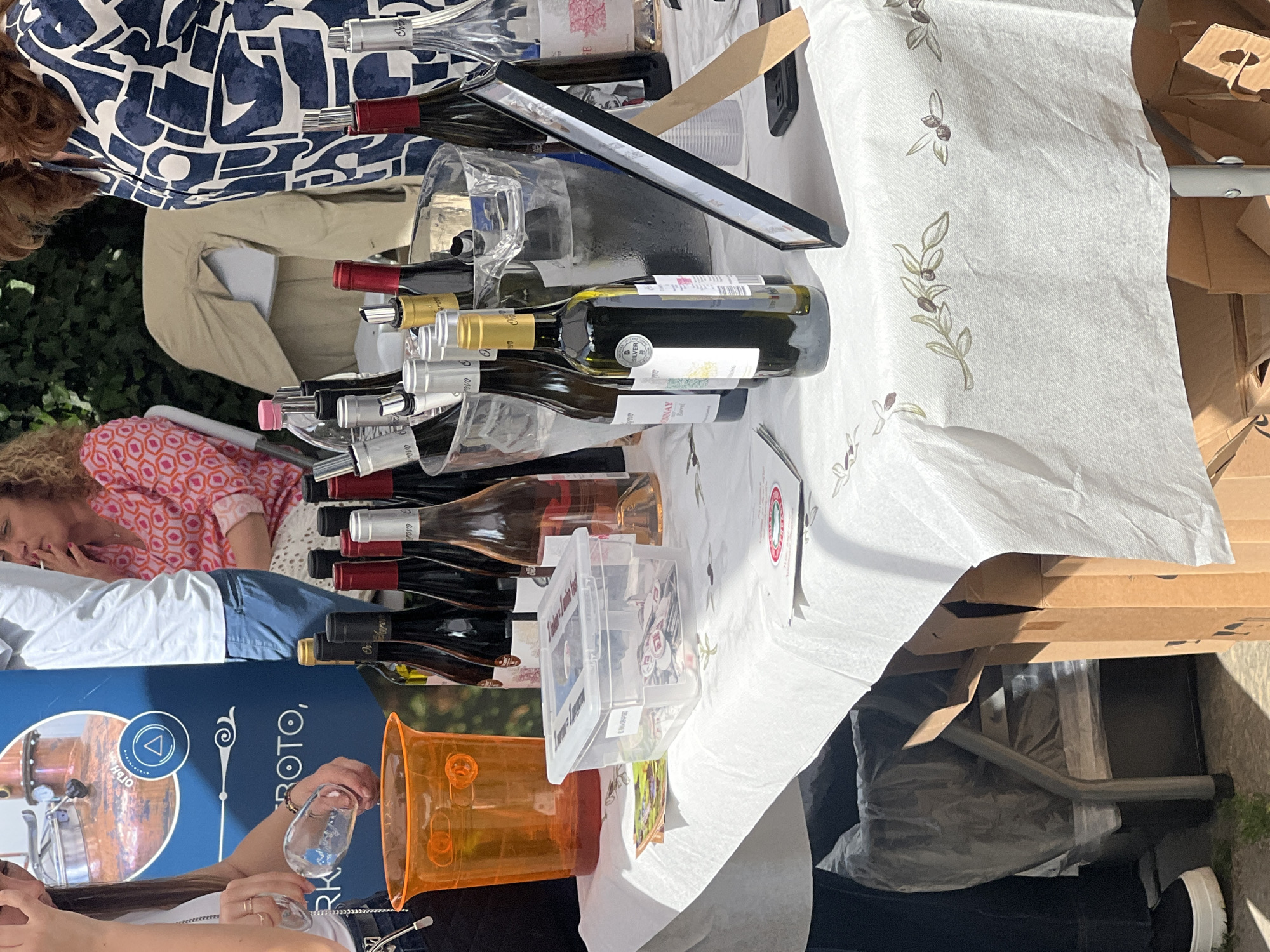 A horizontally-oriented eye-level shot shows a group gathered around a table at a public wine-tasting event, likely in the city of Plovdiv, Bulgaria. Multiple wine bottles are arranged on the table, with both red and white varieties, some in ice buckets, with people sampling them. The table is covered with a white paper tablecloth that has a green olive branch print. Cardboard boxes sit at one end of the table. There is an orange plastic container. People are dressed in casual clothing. One woman is in a pink patterned shirt, another wears a blue patterned shirt. A blue banner with the word "ROTO" is visible, with an image of what could be the inside of a copper still. The surrounding environment suggests an outdoor setting, possibly a park or public square in Plovdiv.