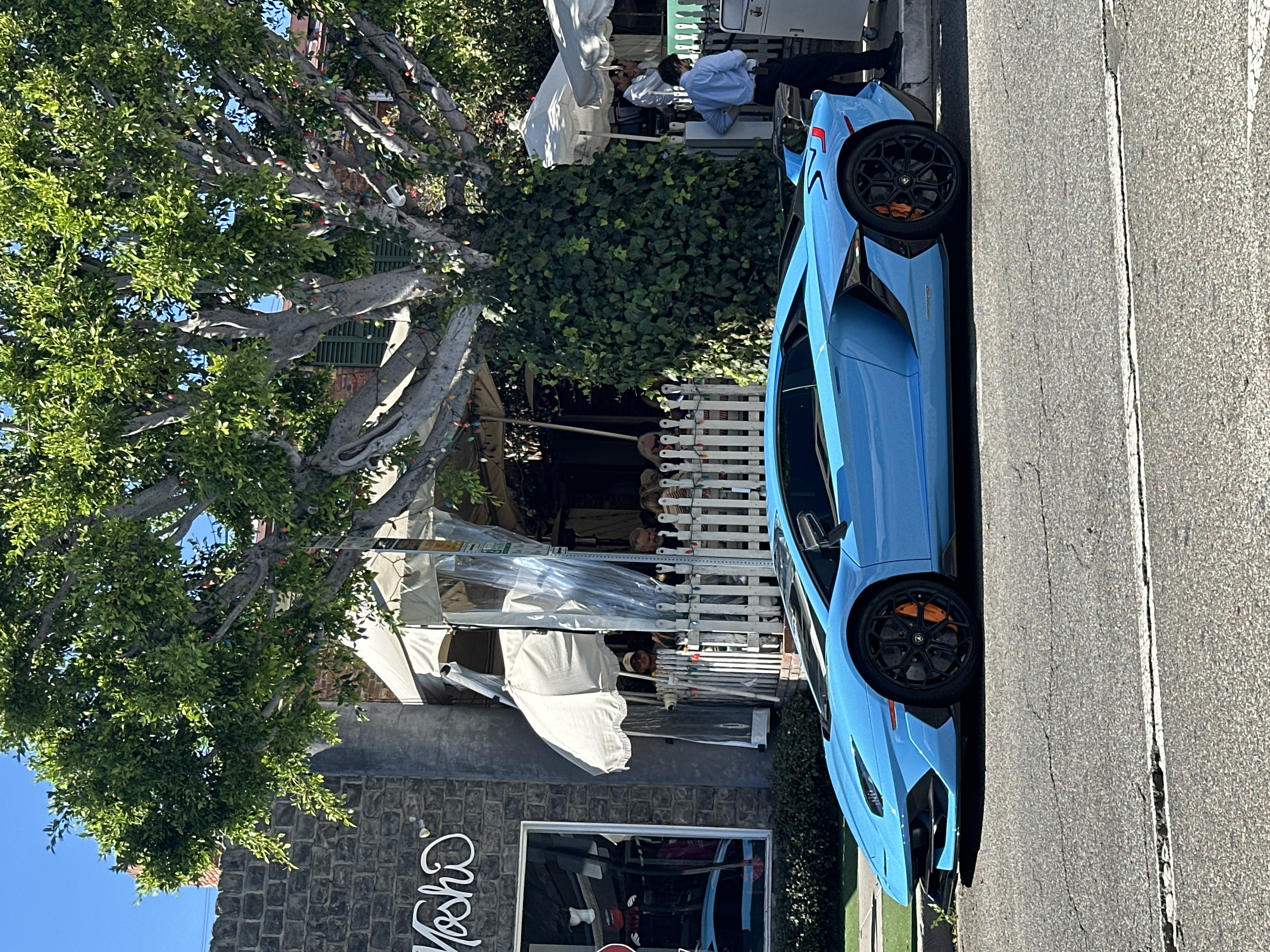 The image captures a bright, sunlit street scene featuring a striking light blue sports car parked curbside next to a commercial establishment. The perspective is slightly angled, showing the front and side of the car, and is rotated 90 degrees clockwise from a natural upright view.
In the foreground, a sleek, low-slung sports car, possibly a Lamborghini, is the dominant feature. Its body is a vibrant, light blue color, contrasted with black accents on its lower body and front splitter. The car is equipped with multi-spoke black wheels, behind which bright orange brake calipers are prominently visible. A Lamborghini emblem is discernible on the wheel hub.
The car is parked on an asphalt road that exhibits some cracks and wear. A faint white line runs parallel to the curb, which separates the road from the sidewalk and the adjacent building.
To the left of the car (in the upright orientation), there's a building with a dark, textured facade that resembles stone or rough brickwork. A white cursive sign spelling "Mosho" is affixed to this facade. Below the sign, a window reflects the surroundings. Extending from the building is an outdoor dining or seating area, covered by several white umbrellas. Tables and chairs are arranged on what appears to be a patio. Some tables are equipped with clear plastic wind screens or dividers. Several people are visible in this area; one individual in a light blue collared shirt and dark pants stands near a small white service cart or stand, appearing to be staff or a valet. Other individuals are seated at the tables, some partially obscured.
Lush vegetation is abundant throughout the scene. A large, mature tree with a thick trunk and numerous branches, adorned with vibrant green leaves, occupies the upper left portion of the image. Intriguingly, multi-colored festive lights (resembling Christmas lights) are strung around its branches, visible despite the daylight. Behind the outdoor seating area, a dense wall of green ivy or similar climbing plant adds to the natural feel.
The sky is a clear, bright blue, peeking through the canopy of the large tree. The strong sunlight casts crisp shadows, indicating it is likely midday or early afternoon. The overall impression is an affluent urban or suburban setting, possibly a popular spot for dining or leisure, highlighted by the presence of a luxury vehicle.