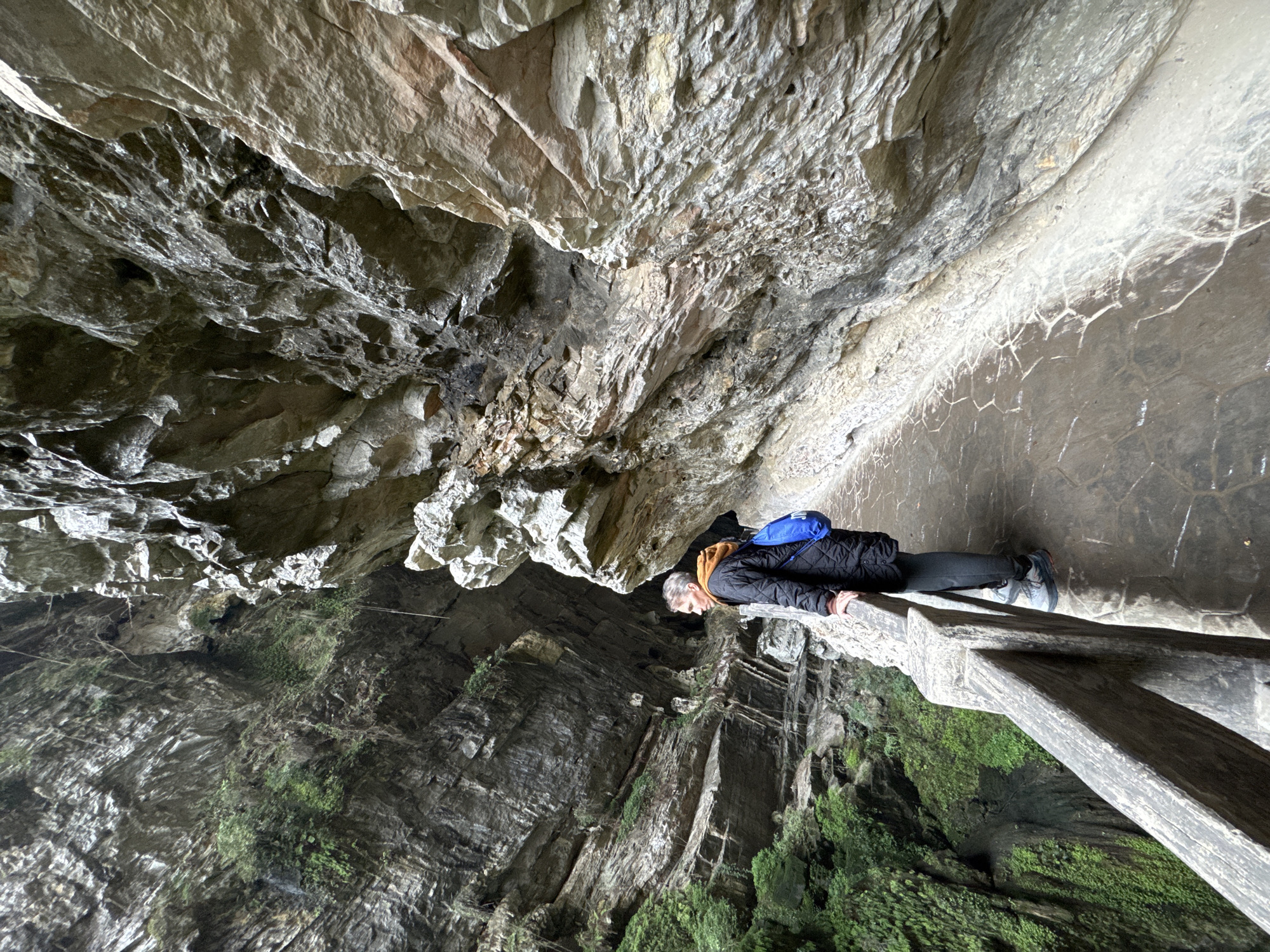 A rotated wide-angle shot shows a person on a walkway within the Three Natural Bridges scenic area of Wulong District, Chongqing, China. The person, wearing a dark jacket, black pants, and hiking shoes, with a blue backpack, stands on a gray, weathered wooden rail. The person is looking over the edge.
The perspective is looking upwards, revealing a massive rock overhang above. The left side of the frame displays dark, layered rocks with patches of green vegetation clinging to the surface. On the right is the man-made walkway, with a stone floor, textured with white markings. The overall environment suggests a deep canyon or cave with impressive natural rock formations.
